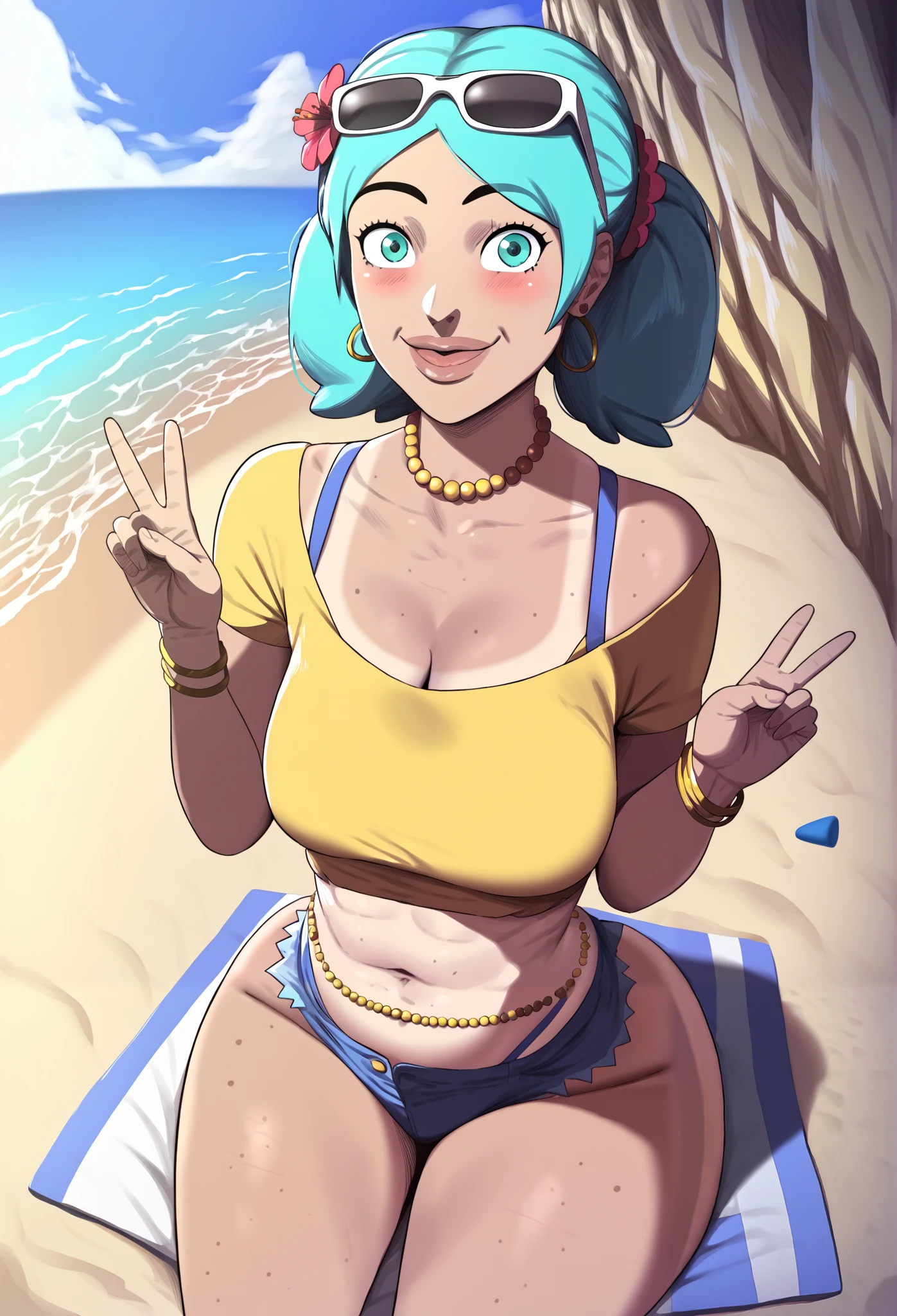 (anime art style:1.0), D-art art style, 2d, masterpiece, best quality, very aesthetic, absurdres, dynamic shadows, atmosferic, brazilian_miku, tanned skin, licht brown skin big lips, 1girl, solo, aqua hair, (twintails), bangs, aqua eyes, big breasts, (curvy body), big ass, wide hips, thick thighs, tanlines, makeup, blush, collarbone, cleavage, blue garters, blue panties, yellow crop top, pulling her crop top down to tease, denim shorts, micro shorts, off shoulder, short sleeves, sunglasses on head, flower on hair, bead choker, belly chain, gold earrings, gold bracelet, (dark skin:0.2), smile, opened mouth, cowboy shot, from front, (v), sitting, wariza, opened legs, (looking at viewer:1.0), beach, sea, clouds
