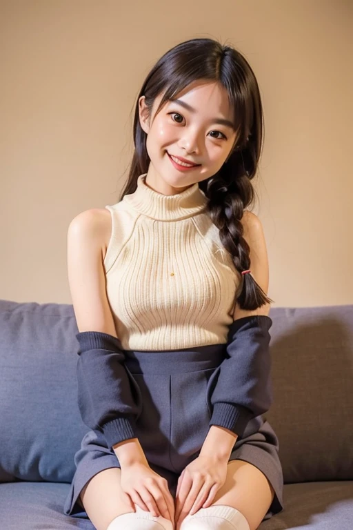 ((highest quality、8k、masterpiece:1.3)),((((fullbody shot)))),Ultra-high resolution,big eyes,Japanese,bangs,((a girl)),((1 girl)),((20 years old)),((facing at viewer)),(long hair),(((black sweater))),grin,((squatting)),(pleated mini skirt),(((pussy))),((pubic hair)),((skirt lift)),(((black short crew socks)))