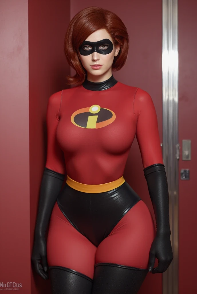 Hot Elastigirl, Hellen Parr, wide hips, thick legs, sensual, high panties, micro tight suite, looking to the viewer, 2.5D style
