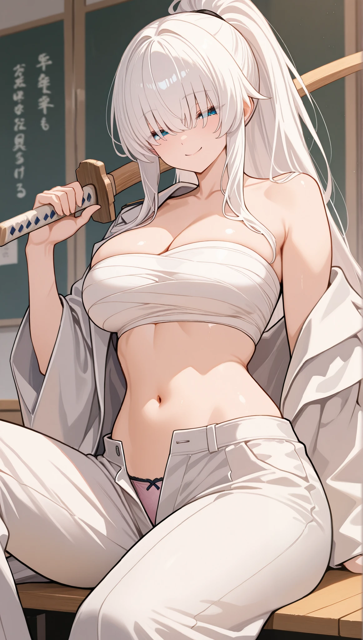 1girl,bousouzokku, white hair, ponytail, wooden sword on hand shoulder, serious, half closed eyes, japanese writing on clothes, tomboyish smile, dead end,hair over eyes, black locks.
sarashi, white coat, long pants, open pants sexy panties visible,
cleavage, stomach, voluptuous body.
(masterpiece:1.2), (best quality:1.2), (very aesthetic:1.2), (absurdres:1.2), (simple background: school, lockers, several tables and chairs, sitting in top pose), newest, intricate details, perfect anatomy.
