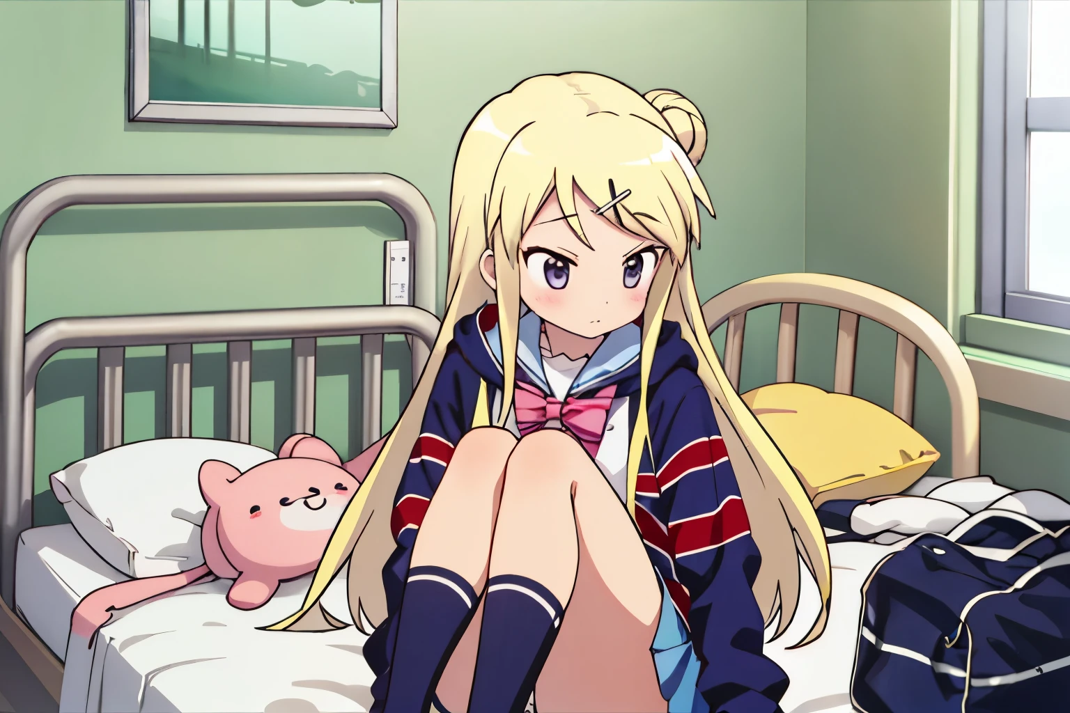 KUJO KAREN UNION JACK JACKET, a girl in a miniskirt in a sailor suit who is unwell on her bed in the infirmary, STRIPED BOW, WHITE SHIRT, LONG SLEEVES, PLEATED SKIRT, BLUE SKIRT, KNEEHIGHS