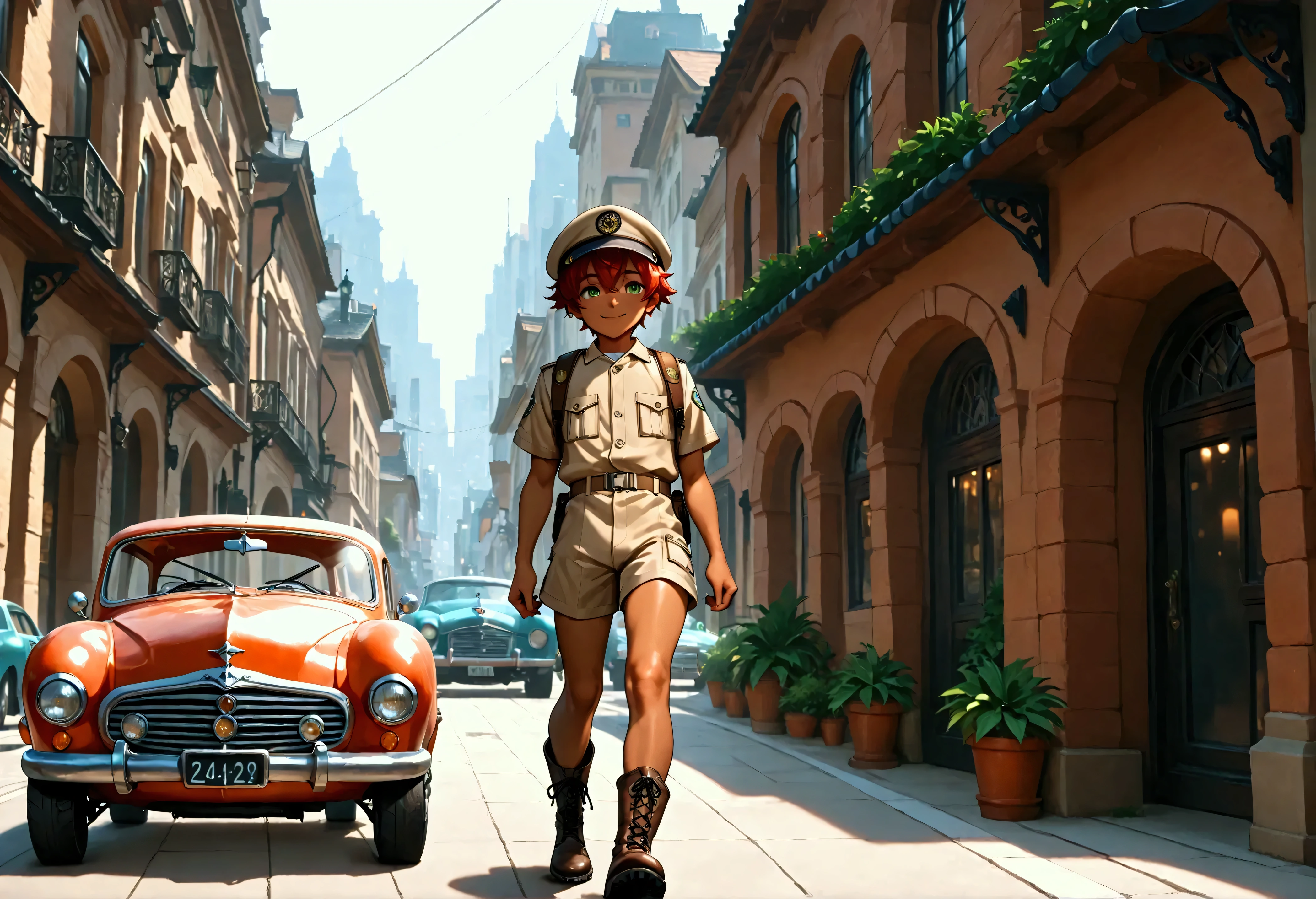 1boy, shota, dark copper tan skin, solo, red hair, short hair, khaki uniform, cap, short pants, green eyes, parked classic cars, city street, lower buildings, walking on the street, smile, masterpiece, best quality, cinematic lighting, black lace up boots, focus on body