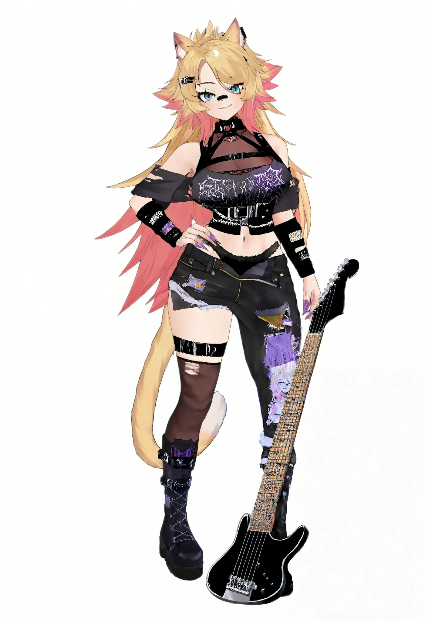 obkati_kat, 1girl, solo, cat girl, punk,
blonde hair, pink hair, multicolored hair, gradient hair, colored tips, long hair,
blue eyes,
breasts, large breasts, cleavage, navel, midriff, bare shoulders,
fingernails, long fingernails, sharp fingernails,
pants, black pants, torn pants, torn jeans, denim, single pantsleg,
shirt, black shirt, crop top, torn shirt,
boots, black footwear, knee boots,
thighhighs, single thighhigh, kneehighs,
belt, black belt, thigh belt,
asymmetrical clothes, asymmetrical legwear,
fur trim, clothing cutout, underwear,
animal ears, cat ears, animal ear fluff,
tail, cat tail,
looking at viewer, smile, hand on own hip, standing, holding, holding instrument,
guitar, electric guitar, instrument,
thigh strap, bandaid on face, bandaid on nose, purple nails, simple background, white background,