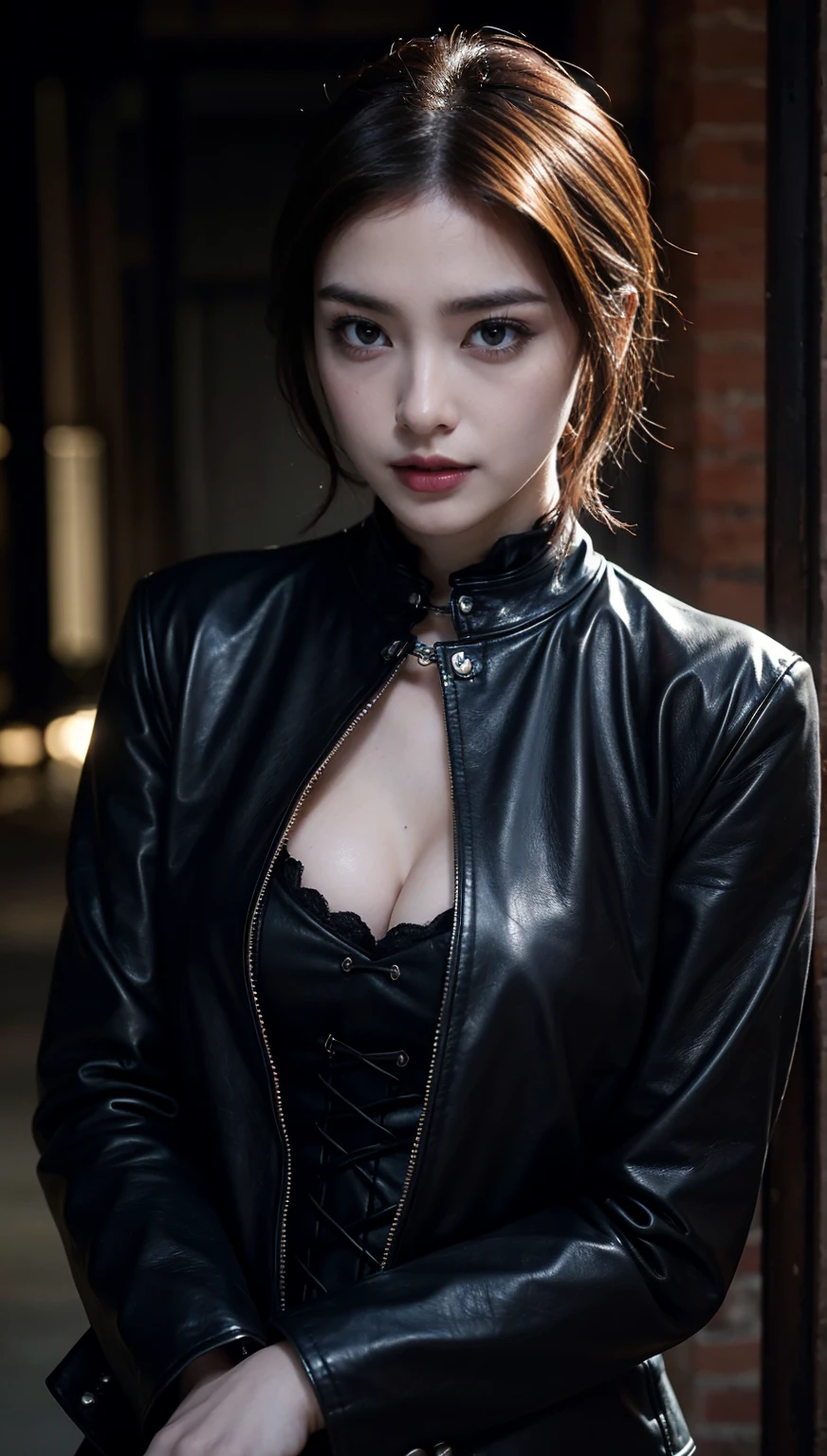 1 female、Korean、Korean beauty、leather jacket、corset、collar、crotch chuck、intricate details、high quality、(advanced:1.4)、Ultra-realistic 8K、face perfect、perfect、Clean、​Masterpiece、Professional artwork、famous artwork、face perfect、beautiful expression、beautiful eyes、dark short hair、wet hair、very big breasts、clothes shiny、model pose、Hyperrealistic 4K、Top image quality、natural background