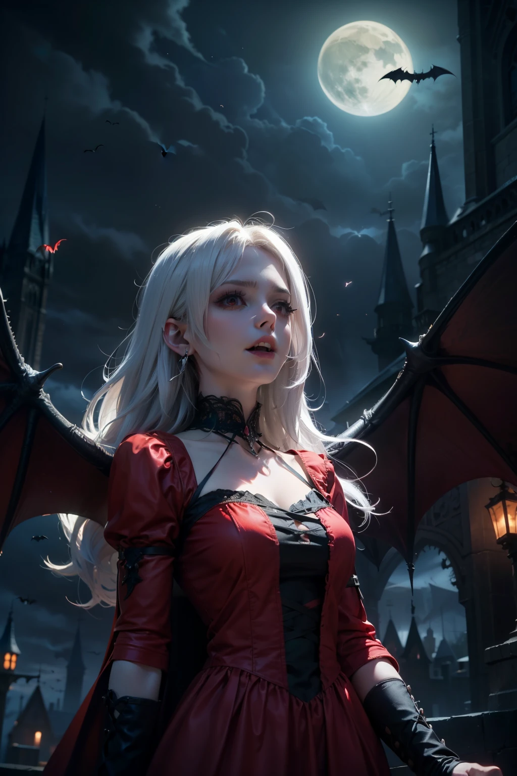 medieval times , dark fantasy, Depressing Atmosphere , dark colors, mature female vampire, colorful red dress, White hair, protruding fangs, red eyes, gothic castle background, Bats flying in the sky