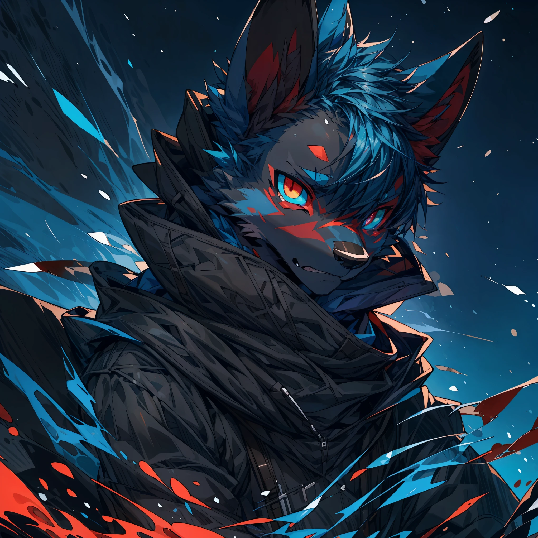 Anime character with blue hair and red eyes in a black jacket - SeaArt AI