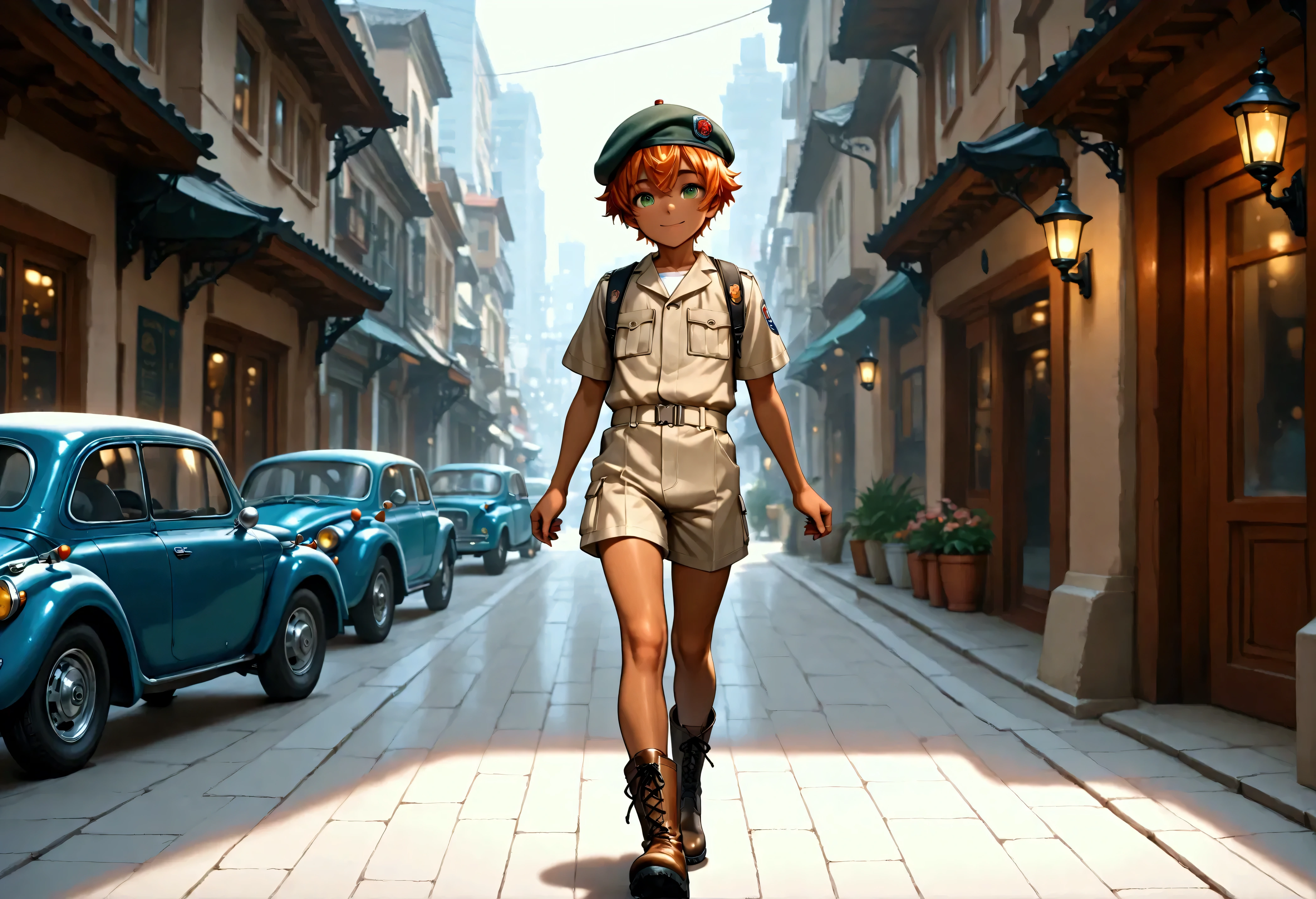 1boy, shota, dark copper tan skin, solo, orange hair, short hair, khaki uniform, beret cap, short pants, green eyes, parked honda super cubs, city street, lower buildings, walking on the street, smile, masterpiece, best quality, cinematic lighting, black lace up boots, focus on body