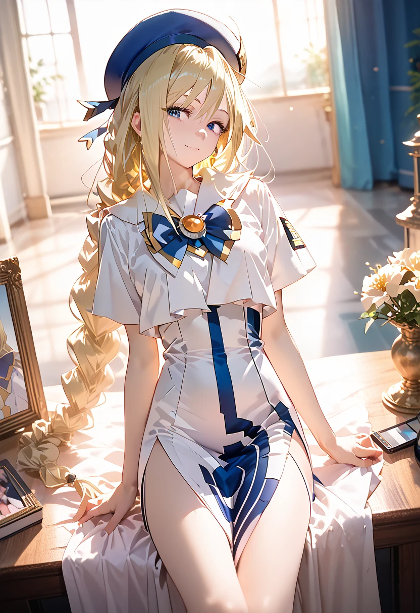 anime girl laying on a bed with her eyes closed, blonde anime girl with long hair, anime girl with long hair, anime visual of a cute girl, beautiful anime girl, anime best girl, anime style like fate/stay night, high quality anime artstyle, made with anime painter studio, smooth anime cg art, anime wallaper, pretty anime girl