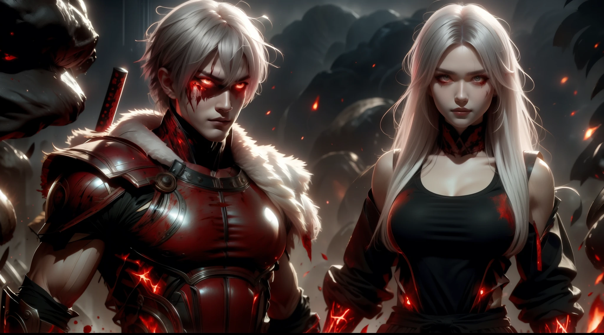 Evil Couple, after fight, blood everywhere, Tired, Ripped clothes, damaged armor, Evil, glowing red eyes, Smirk, in the battlefield, Arab features, scar on eyes, the couple's hair is half blonde and half black