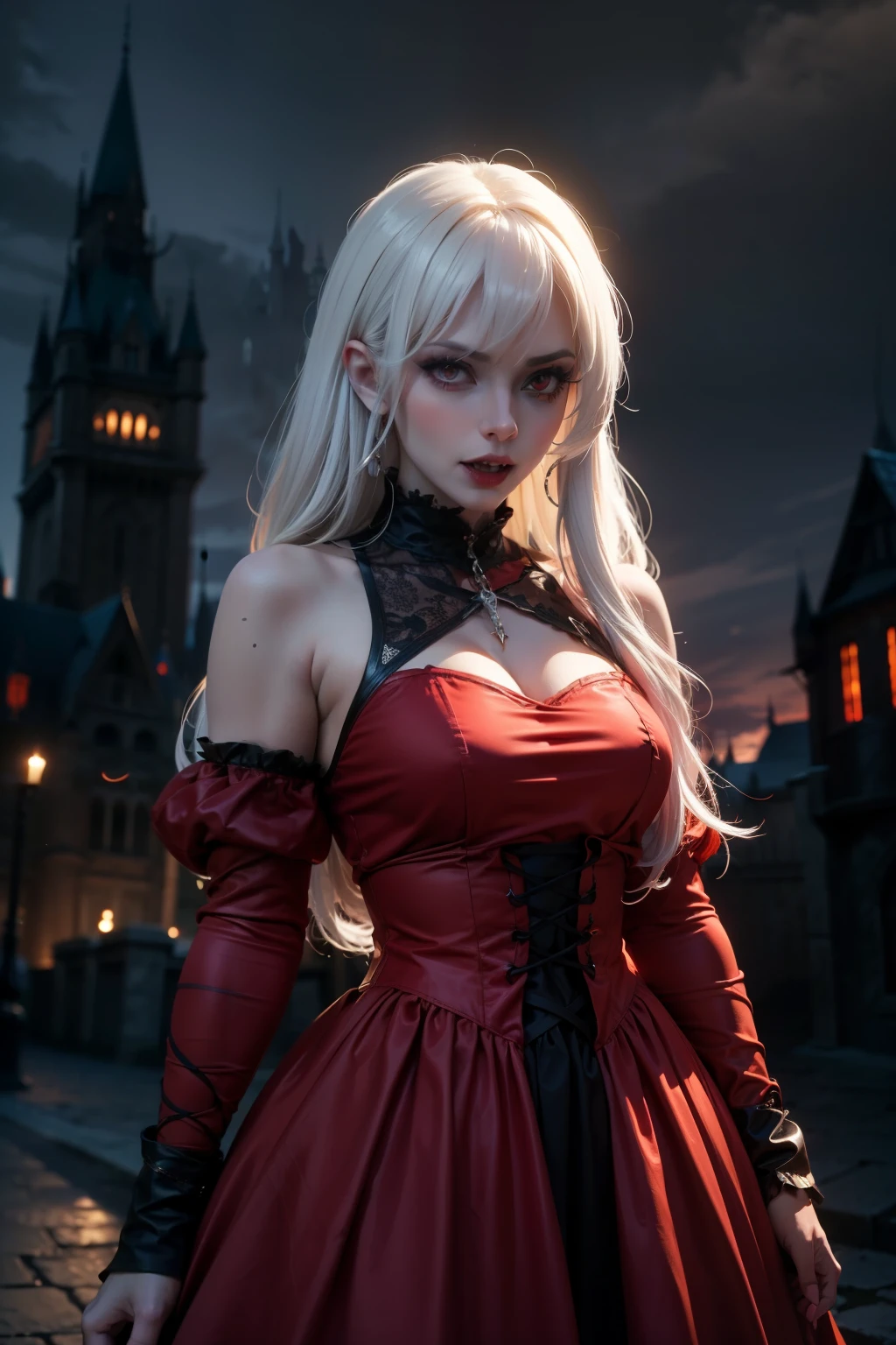 medieval times , dark fantasy, Depressing Atmosphere , dark colors, mature female vampire, colorful red dress, White hair, protruding fangs, red eyes, gothic castle background