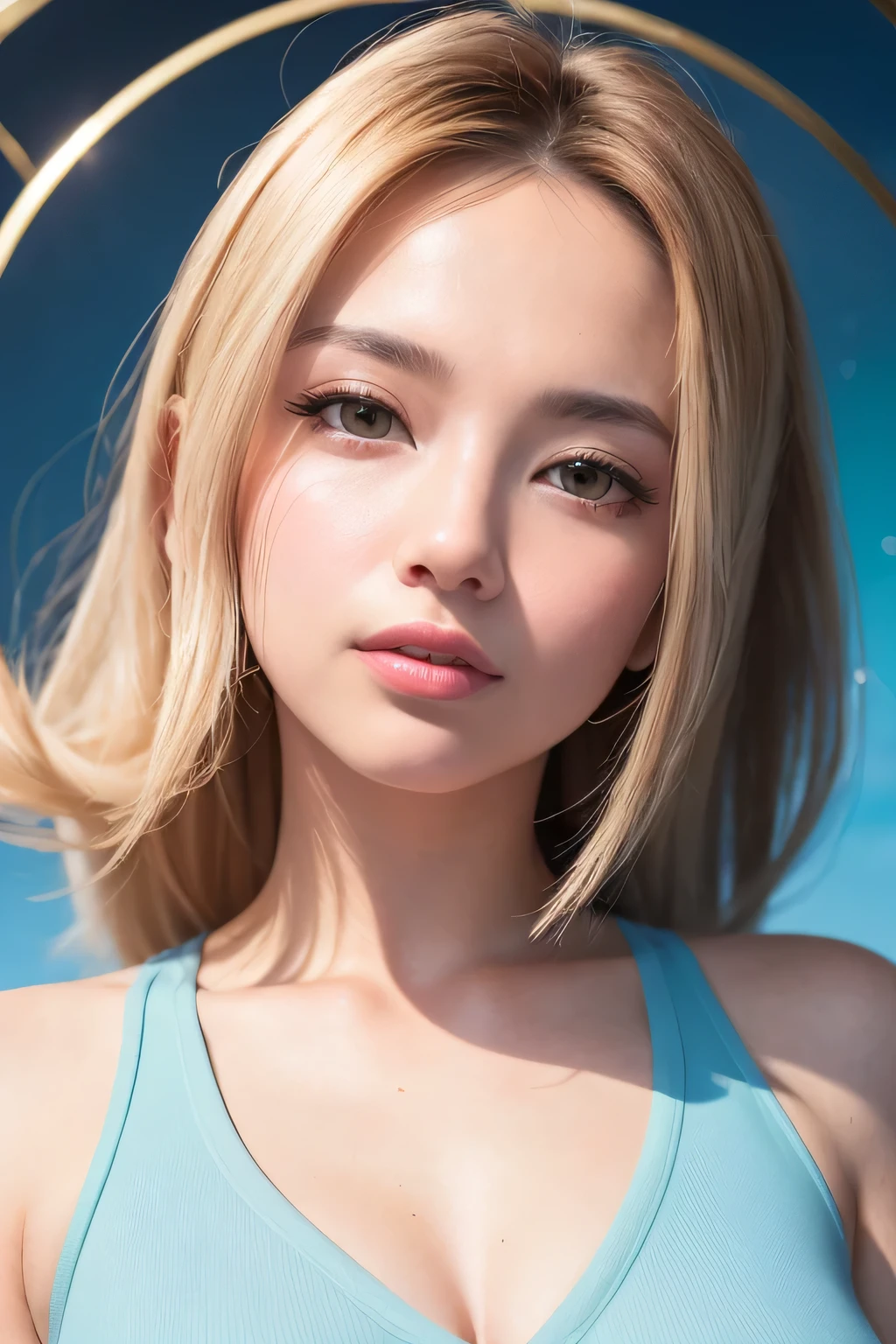 Strong light, Strong contrast, In an open-roofed cave、Sunlight shines through green moss and ferns。, And open( Ocean View:1.1) end, Cel-shaded rendering, 8k, 360 degrees, Equirectangular projection, what, One Girl, 30-year-old woman、Beautiful woman、Long blonde hair、White Latex Leotard、White Long Boots、White arm cover、masterpiece, 最high quality, high quality, High resolution, (((Face close-up)))、Large Breasts、Cleavage、smile