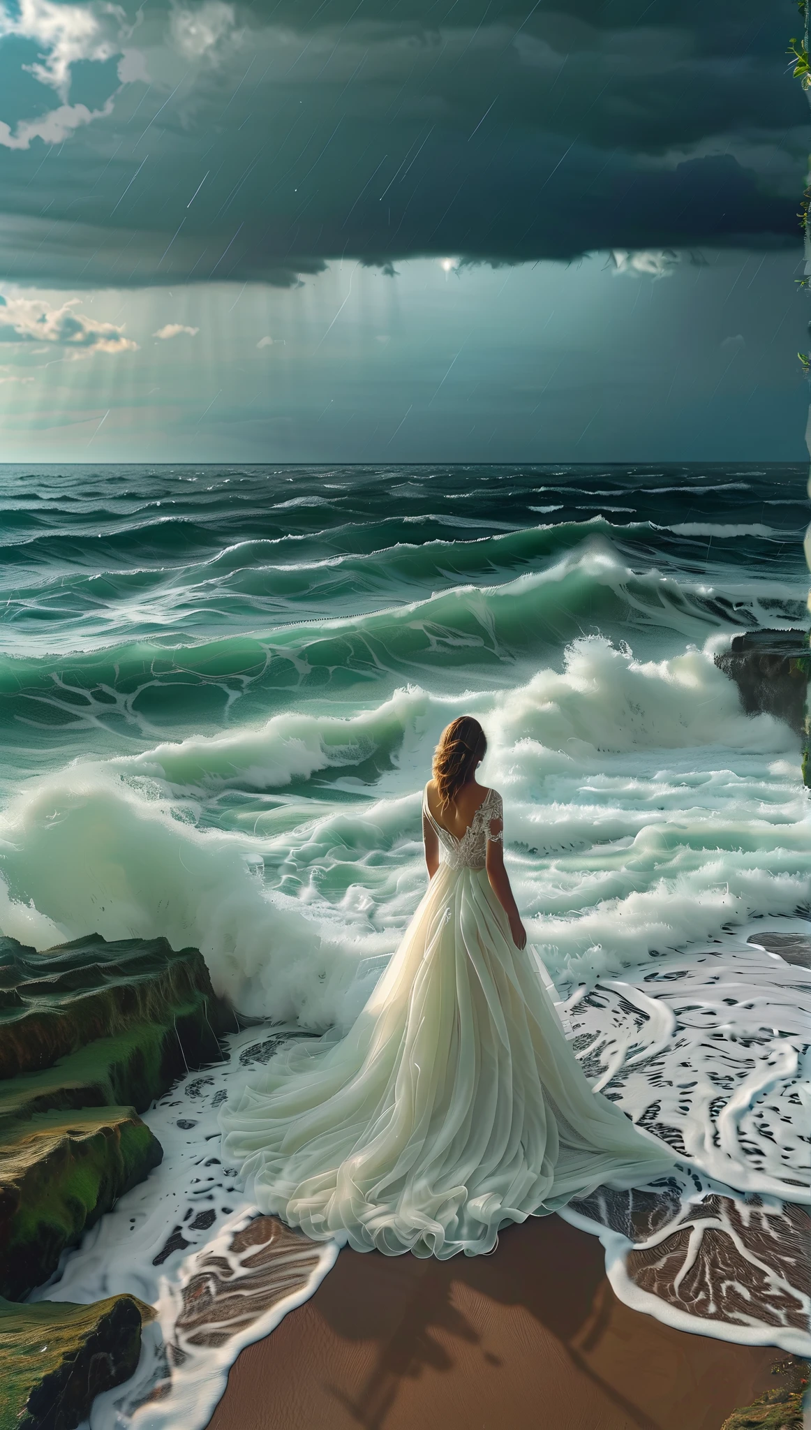 ( Masterpiece,  top quality:1.2),  1 girl, Alone，Walkwoman，water，storm，Earth