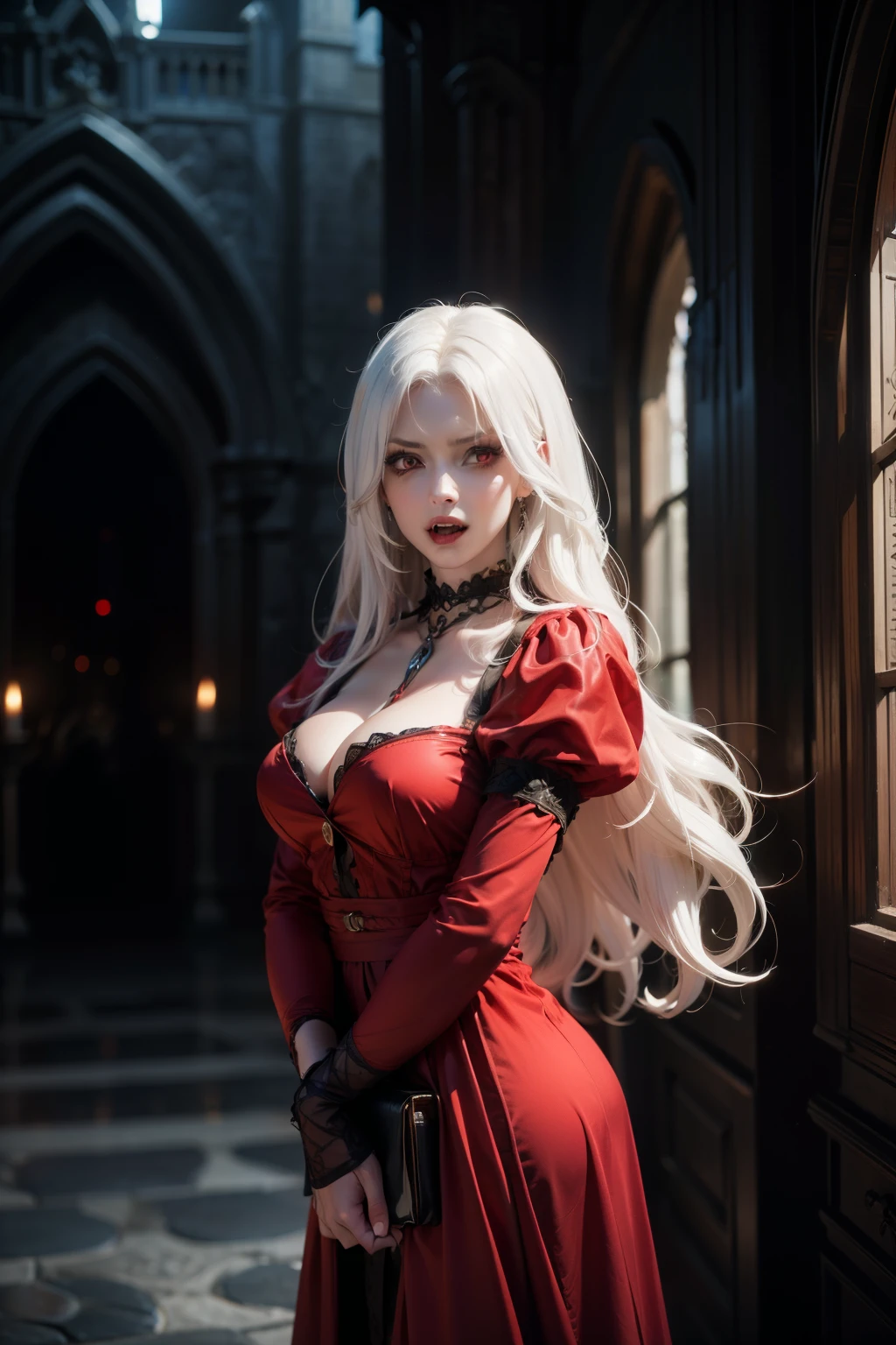 medieval times , dark fantasy, Depressing Atmosphere , dark colors, mature female vampire, colorful and red dress, White hair, protruding fangs, pale skin, red eyes, Gothic style castle as background