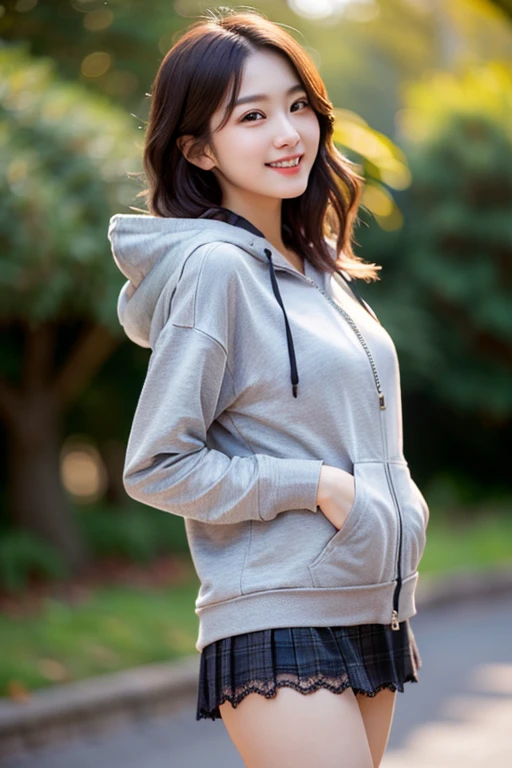 ((White hoodie))、((Sweat))、Roll up your sleeves、Skinny jeans, 1 beautiful girl, fine grain, Swollen eyes, Highest quality, Ultra High resolution, (reality: 1.4), Original photo, One Girl, Cinema Lighting, Japanese, Asian Beauty, Korean, so beautiful, Beautiful Skin, thin, Body facing forward, (Ultra-realistic), (High resolution), (8,000 yen), (Very detailed), (Best illustrations), (Beautiful and detailed), (Very detailed), Detailed face, Show Viewer, Look straight ahead, Dress appropriately, short hair, Black Hair, 46 point diagonal bangs,((smile))、Silver Necklace、Central Park Background