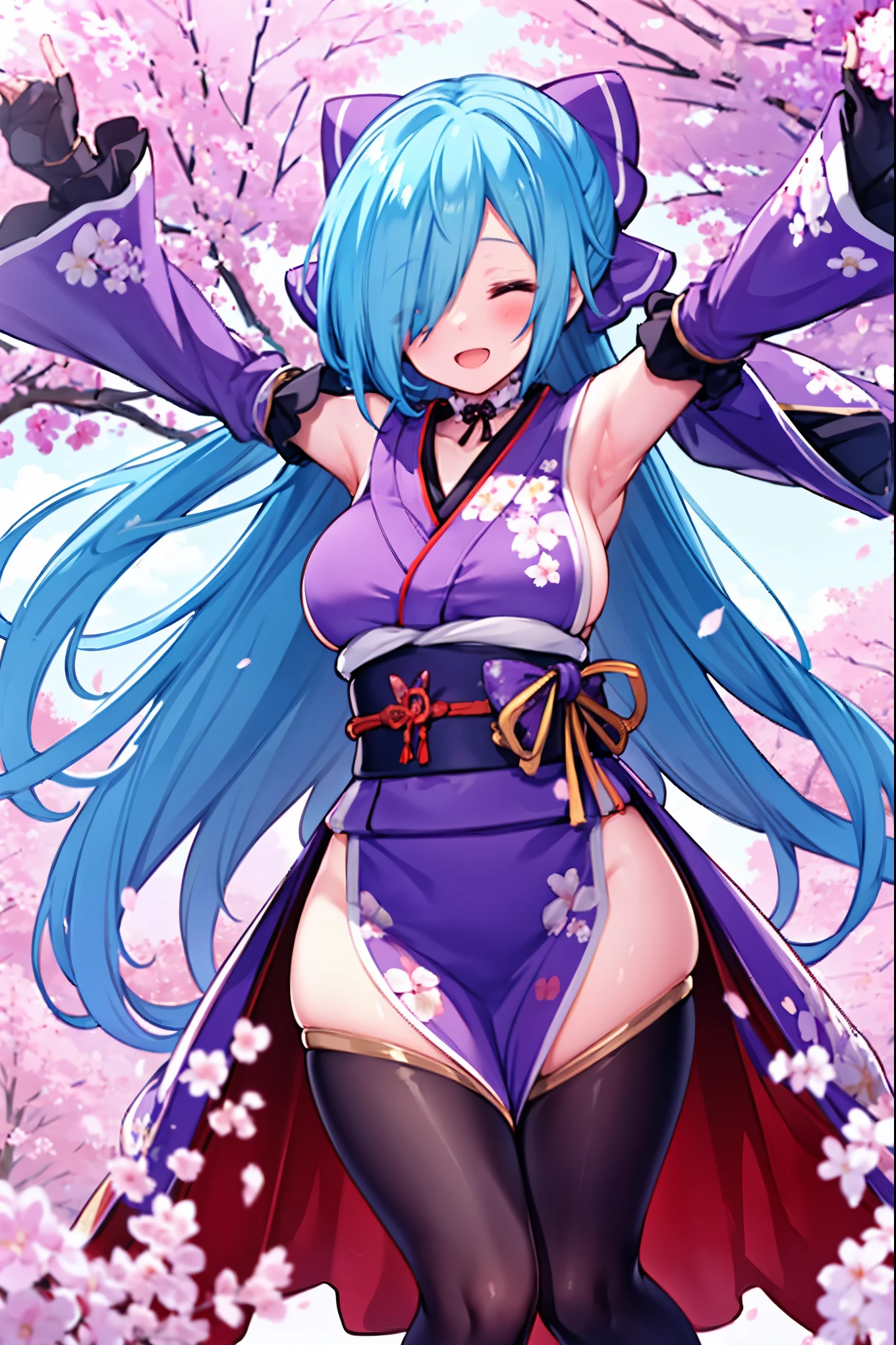 masterpiece, best quality, (1girl, solo),
yamato iori, ung__girl, virtual youtuber, solo, gloves, bow, hair bow, long hair, hair over one eye, thighhighs, blue hair, fingerless gloves, closed_eyes, japanese clothes, full body, detached sleeves, ponytail, looking at viewer, black gloves, very long hair, (heavy&soft_large_breasts:1.4), purple bow, kimono, smile, open mouth, transparent background, standing, sash, obi, purple kimono
blush,cherry blossoms,
( outdoors, forest, upper body,  dynamic pose, looking at viewer, ),plump,raise_arms,