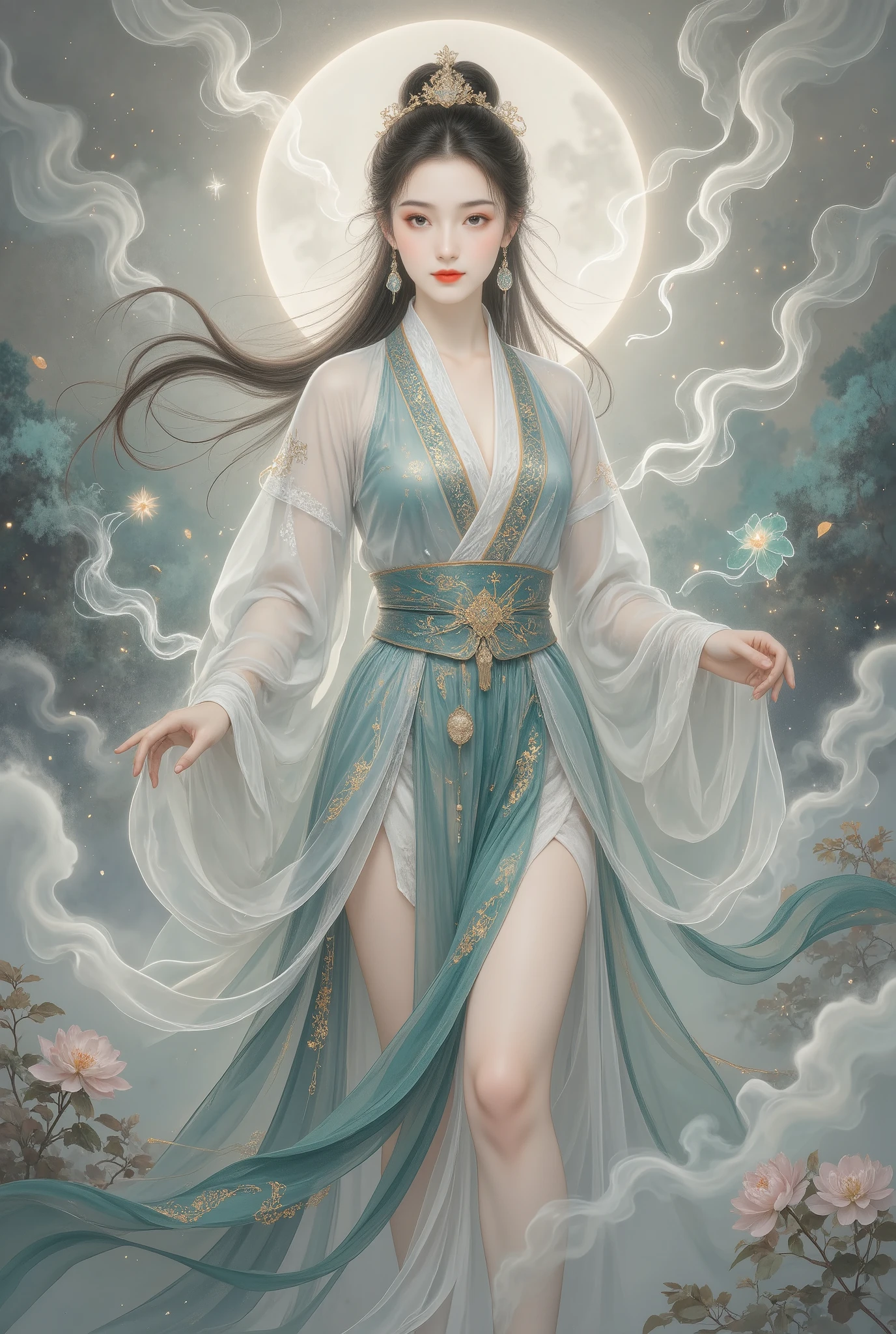 (((( Stand up and take a picture and reflect :1.5)))),,standing split,shinano cosplay costume, cosplay, Thigh socks, heels, Traditional Hanfu:1.8,Panties point of view , part of a fox's tail , Multiple tails, deep into the fantasy world , Her eyebrows become a painting , Foggy room ,The heroine's figure looms out , It's like a fairy in a painting , long sexy legs, beautiful big breasts 而又带着一丝 Mystery的色彩。Her face is beautiful and delicate ,Like a finely carved jade,Show extraordinary beauty。 eyebrows so beautiful , long eyebrows extend to the temple , Gently fluttering in the wind ,Show the light of perseverance and wisdom。straight nose,Cherry lip color, Slightly raised corners of mouth, show confidence and calm 。 My skin is very clear , , fair skin ,Reveal healthy glow,Not like a fairy'Non-secular 。Her makeup is light and delicate,Tang'Too many decorations , 。 Hazy beauty hidden in a wonderland , The waves in my eyes are like twinkling stars ,Eye makeup is eye shadow and eyeliner, makes her eyes brighter and more impressive 。嘴唇涂上grace的口红,增添一丝魅力和grace 。她的衣服grace别致, wear white to win snow , Fluttering clothes , Can be blown away by the wind at any time ,Add to it 。 Beautiful embroidery patterns on her clothes ,既不失grace, She also showed amazing skills 。 A wide belt around my waist , She wears a crystal clear jade pendant ,Swinging with her movements。Her hair is casually tied behind her head., fix it with lotus leaves , Extraordinary hair , Add some gentle 。 It seems like the wind will blow it away at any time ,宛如一道 beautiful big breasts 的风景线,Attracted everyone'Notice。 Pale eyebrow pencil outlines the perfect eyebrow shape , beautiful big breasts 、grace、 Mystery、and full of power。Transparent leg socks,