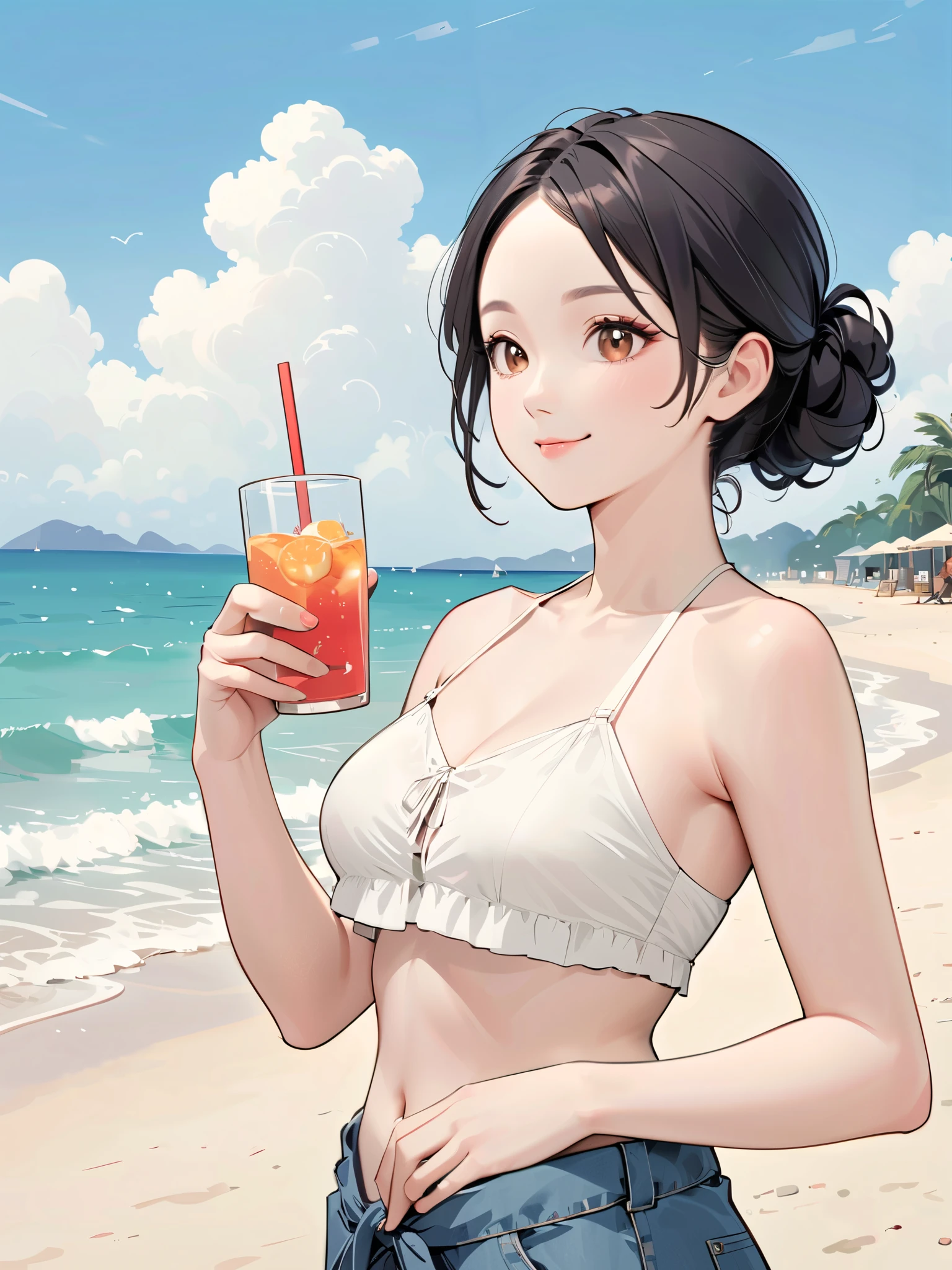 Santiago Carso style , Alessandro Gottardo's Style, flat coating , (( top quality)), illustration, Eva Poklevska as Mike Azevedo=Gojewo,Cartoon doodles , standing on the beach 、 White Clouds , 30 years old, japanese, casual wear, one woman, Bikini, swimsuits, upper body, medium sized busts, smile, painting, painting style, holding cold drink,