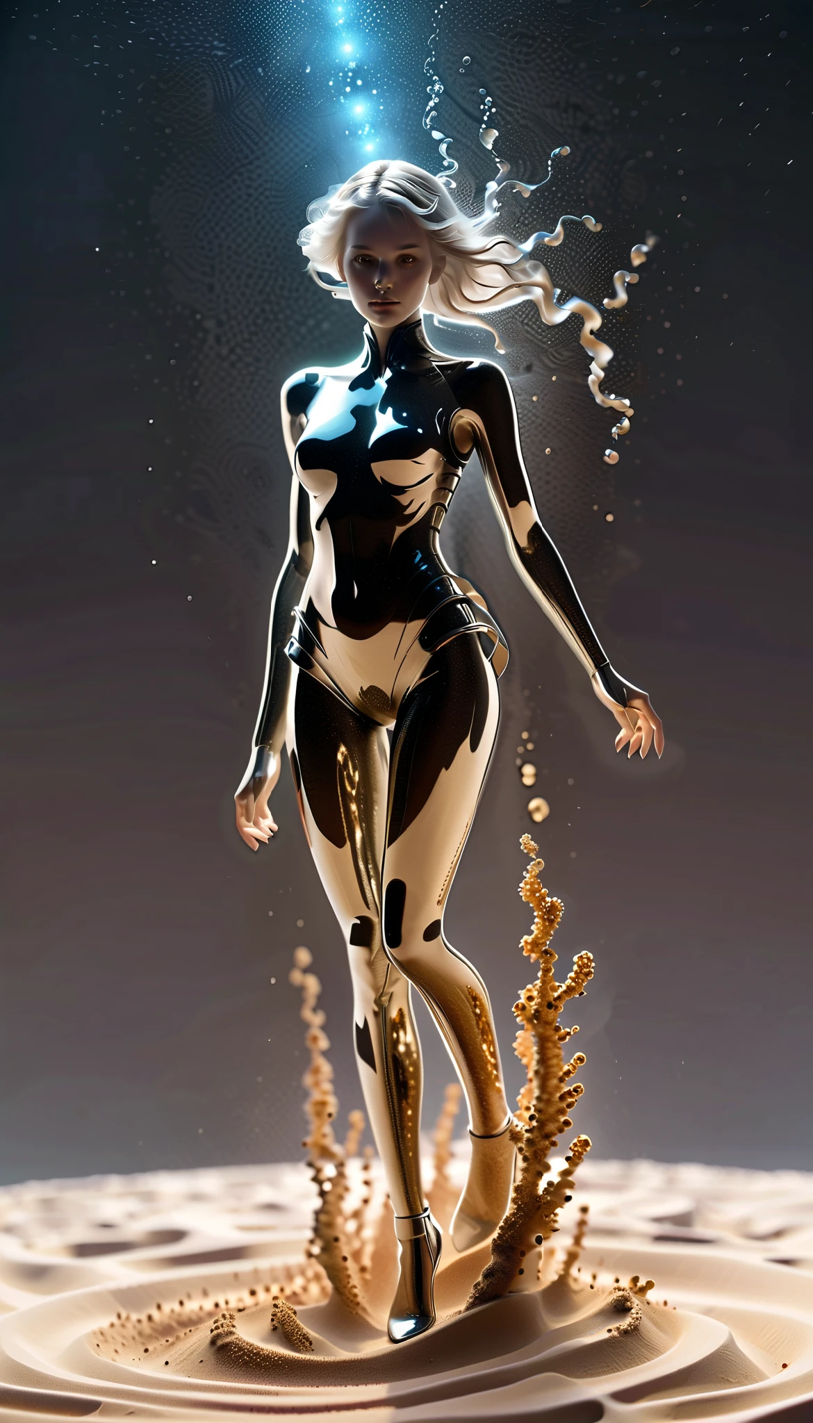 Masterpiece,high quality,soil element,sand,(1girl),extreme detailed,(fractal art:1.3),colorful,highest detailed,(a girl made of sand),8k,digital art,macro photo,quantum dots,sharp focus,dark shot,cinematic,Microworld,(upper thighs shot),front view