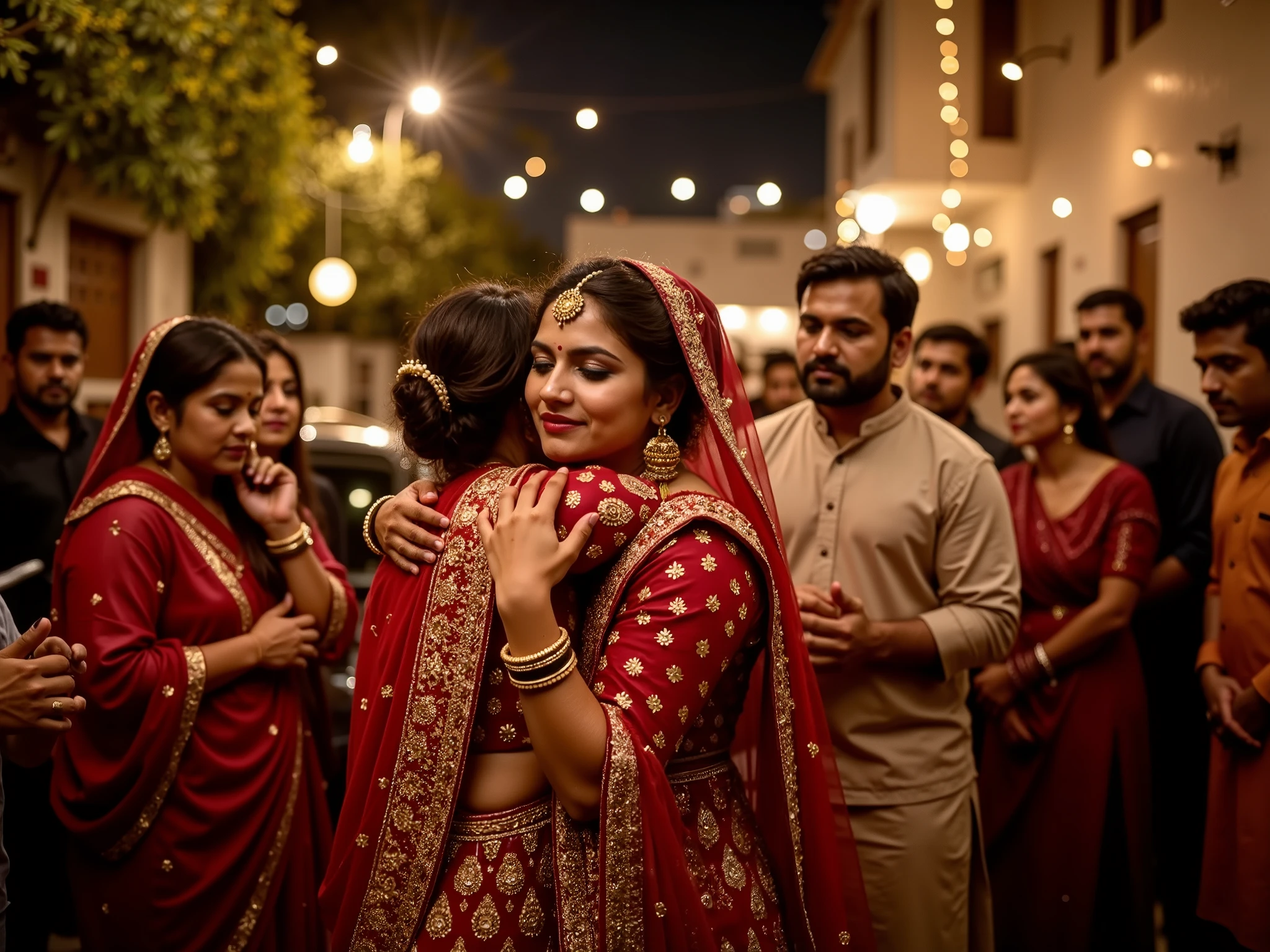 A high-resolution, photorealistic night scene 4K HDR image capturing the deeply emotional Pakistani Rukhsati moment. The bride, dressed in a stunning red and gold lehenga, embraces her parents and siblings, her eyes filled with happy tears as they bid farewell. Family members, also teary-eyed, hold her hands and hug her tightly, cherishing the last moments before she leaves. The groom stands near a beautifully decorated car, waiting solemnly. Guests and cousins watch, some wiping away tears, while the warm golden lighting enhances the intensity of the pixel-perfect, expressive faces filled with love, nostalgia, and tradition.