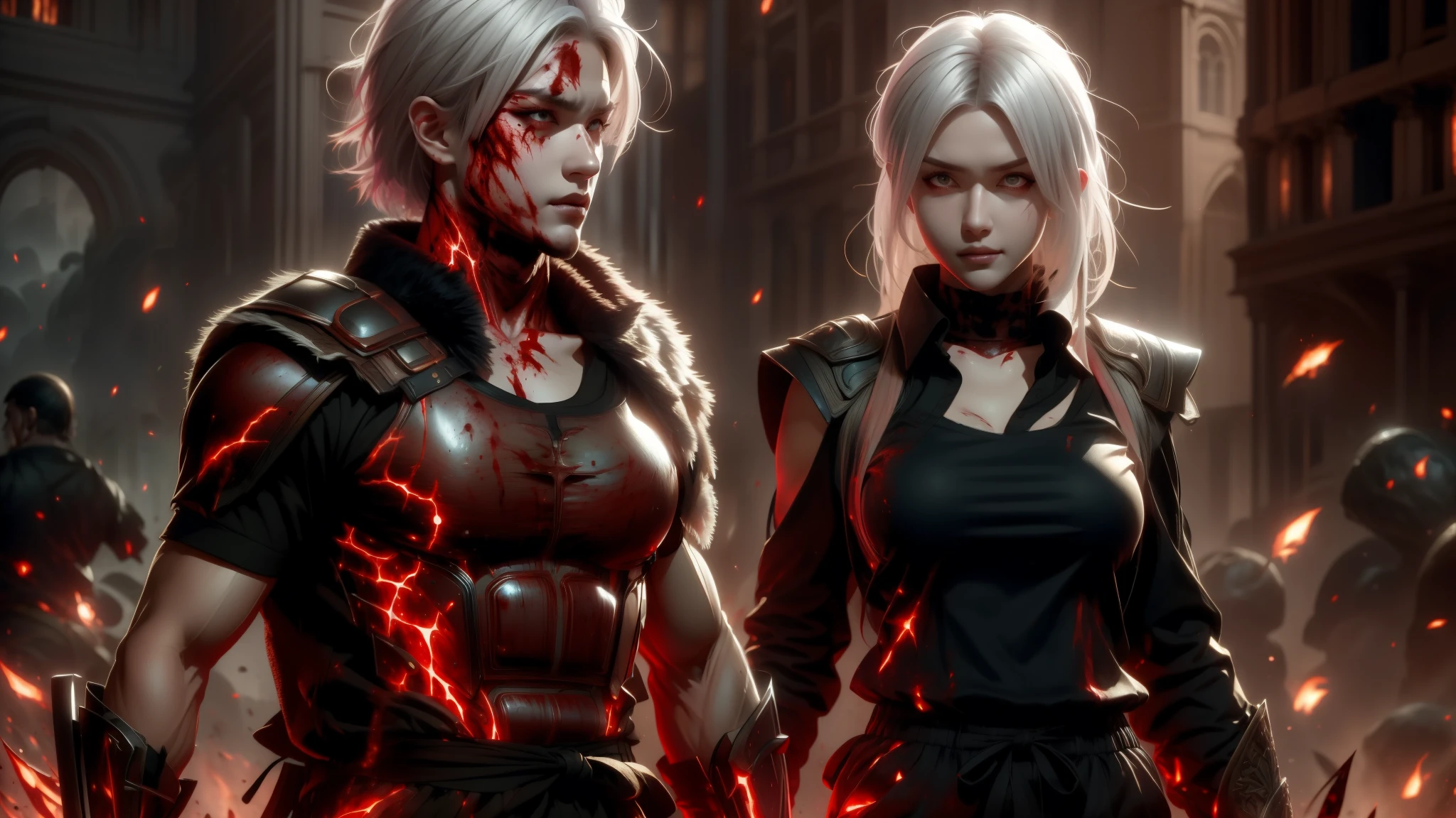 White-haired woman, terrifying appearance, with a katana and a shield, red eyes, on a battlefield covered in blood, wearing Spartan clothes, with a scar on her left eye