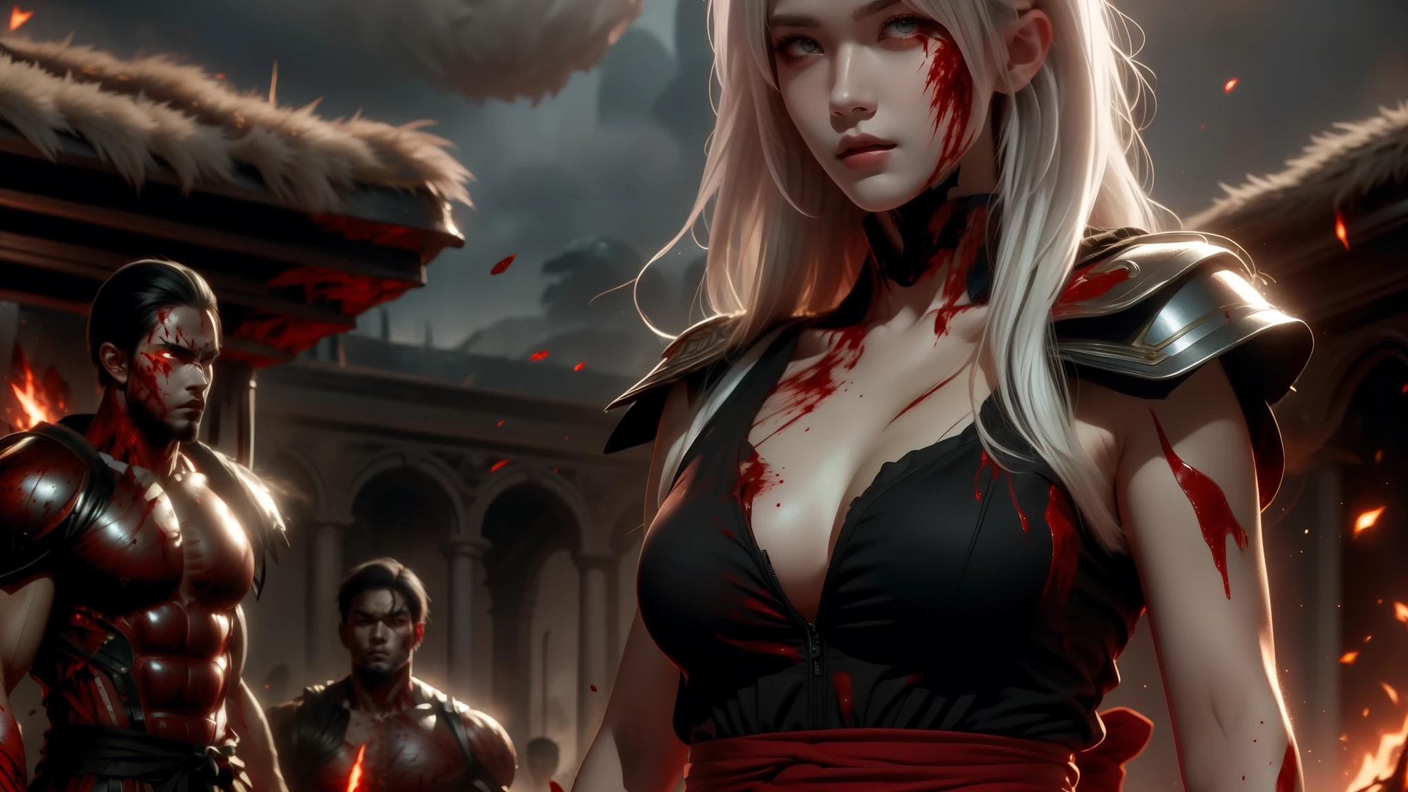White-haired woman, terrifying appearance, with a katana and a shield, red eyes, on a battlefield covered in blood, wearing Spartan clothes, with a scar on her left eye
