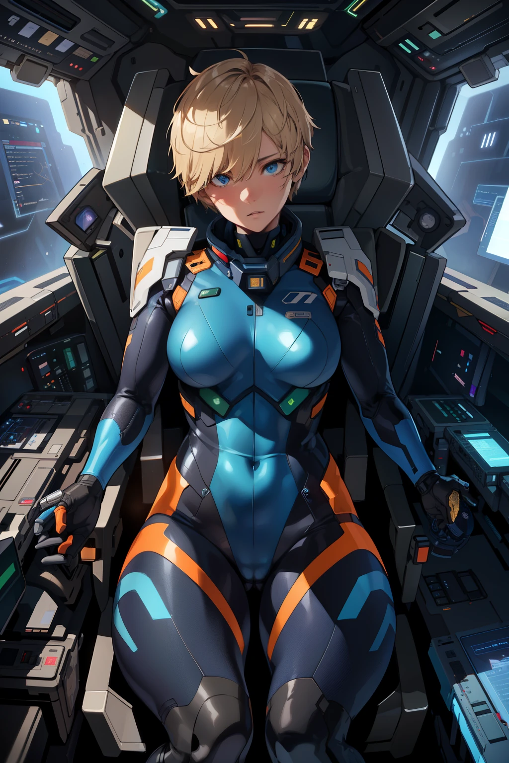 cockpit-pilot, pilot suit, bodysuit, science fiction, mscockpit, holographic monitor, pilot chair, (extremely detailed CG unity 4k wallpaper),(masterpiece),(best quality),(ultra-detailed),(best illustration),(best shadow),(absurdres),(detailed background of a Dark bedroom), White woman, 30 years old, Neck-length blond hair (Pixie cut), Blue eyes, Focused expression, Side-shot, looking away from viewer,