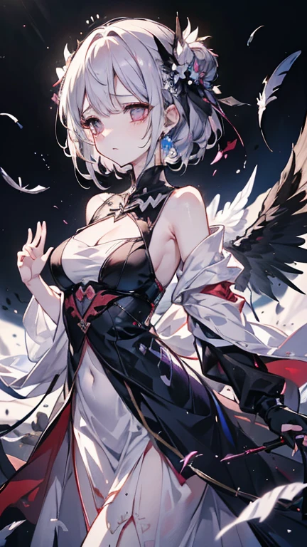 ((best quality)), ((masterpiece)), (detailed), 1girl, Character design, female, dynamic poses, long white grey hair, grey white eyes, very skinny, detailed, best quality, no accesoires around the neck, no shoes, prominent collarbones, skinny arms, flat stomach, visible hip bones, full body, blank white background, plain background, white background, red and white clothing, Bloodborne inspired, occult aesthetic, occult, detailed and intricate steampunk and detailed gothic, NSFW, Very dramatic and cinematic lighting, cosmic horror, grim-dark, side-lighting, perfect face, NSFW, Fluttering lace flared long knee length dress with frilly petticoats, knee length dress, pleated petticoats, petticoats gothic, complex lace boots, side-lighting, gothic aesthetic, wielding a mighty sword with mechanical components, mandalas, small breasts, a fairy, various different types of insect wings, NSFW, full body, whole body, body, plain background, white background, blank background, no background, white background NSFW, chains, full body, whole body, head-to-toe NSFW