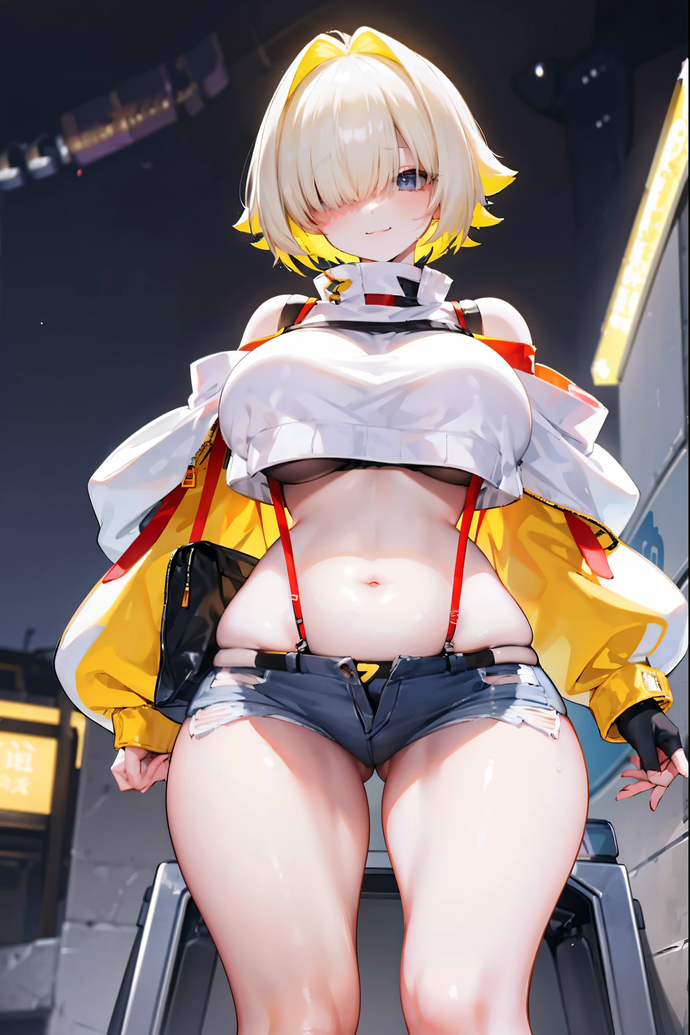 score_9, score_8_up, score_7_up, source_anime BREAK 1girl, solo, elegg, short hair, bangs, hair intakes, multicolored hair, hair over eyes, crop top, bare shoulders, long sleeves, suspenders, midriff, navel, short shorts, thigh strap, multicolored_gloves, large breasts, looking at viewer, thick thighs, plump, standing, smug, waving
,future_city_background,night,under_breasts,lighting, (sharp_glance:0.2),nihil_smile