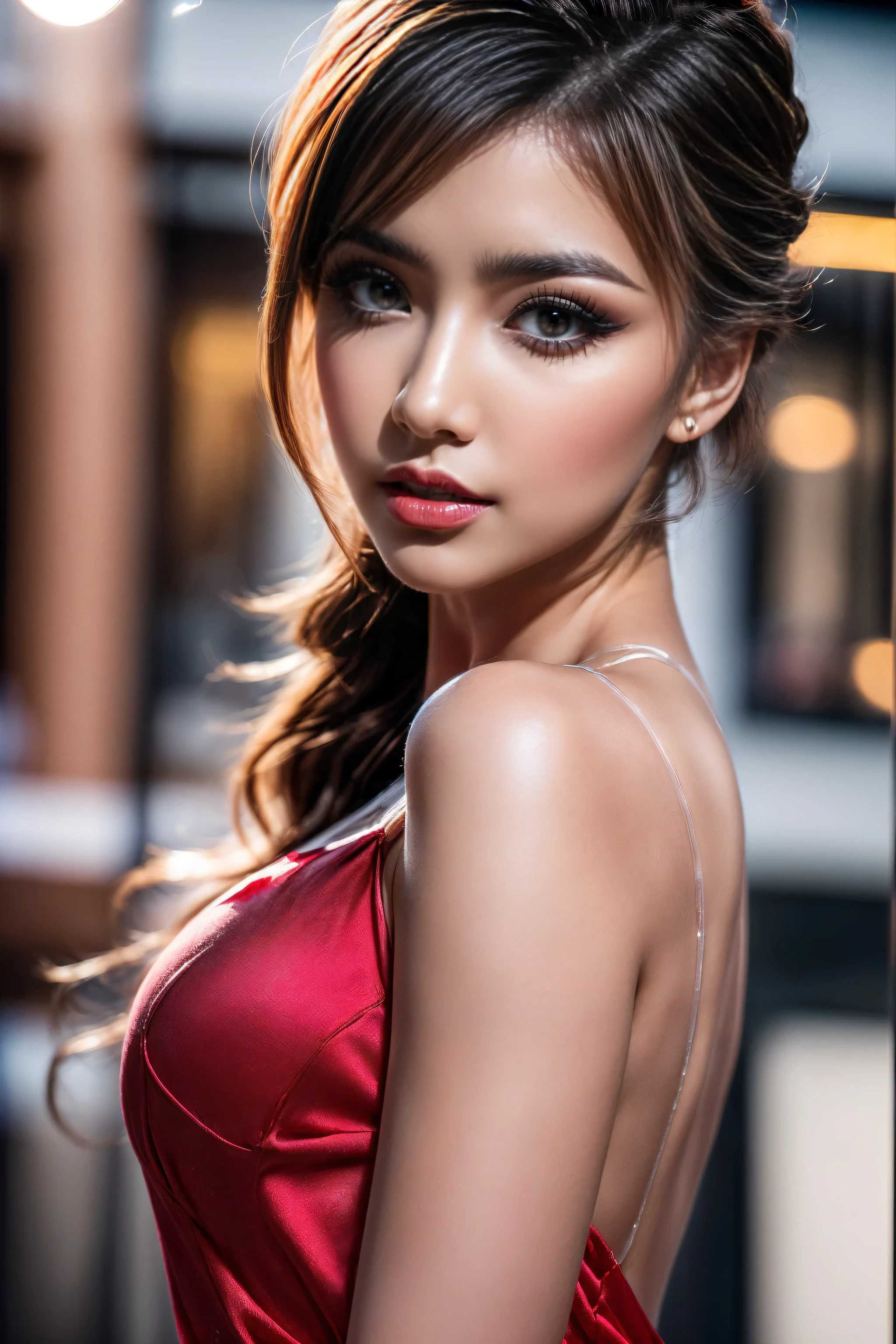 8K, Ultra-high resolution, Highest quality, masterpiece, 三分割法によるphotograph,Surreal, photograph, 1 girl, (:1.3), pretty girl, Cute face, Beautiful eyes in every detail, 細かくdetailedに,masterpiece,, One Girl:1.2, Japan Female Announcer,whole body,Young Wife, (night, (Neon Signs), (Blurred Background),Sequined fancy dress,Slutty Makeup,Bright red lipstick,A carefree smile,Healing the heart,Black hair bun,Looking at the audience、beauty,Long neck、Laugh a little、Please close your mouth and laugh、(((Ideal body type))),A-cup small breasts :2,、Portraiture:2、Perfect Anatomy、鮮明なdetailed、detailed、Surreal、Light and shadow,Strong light