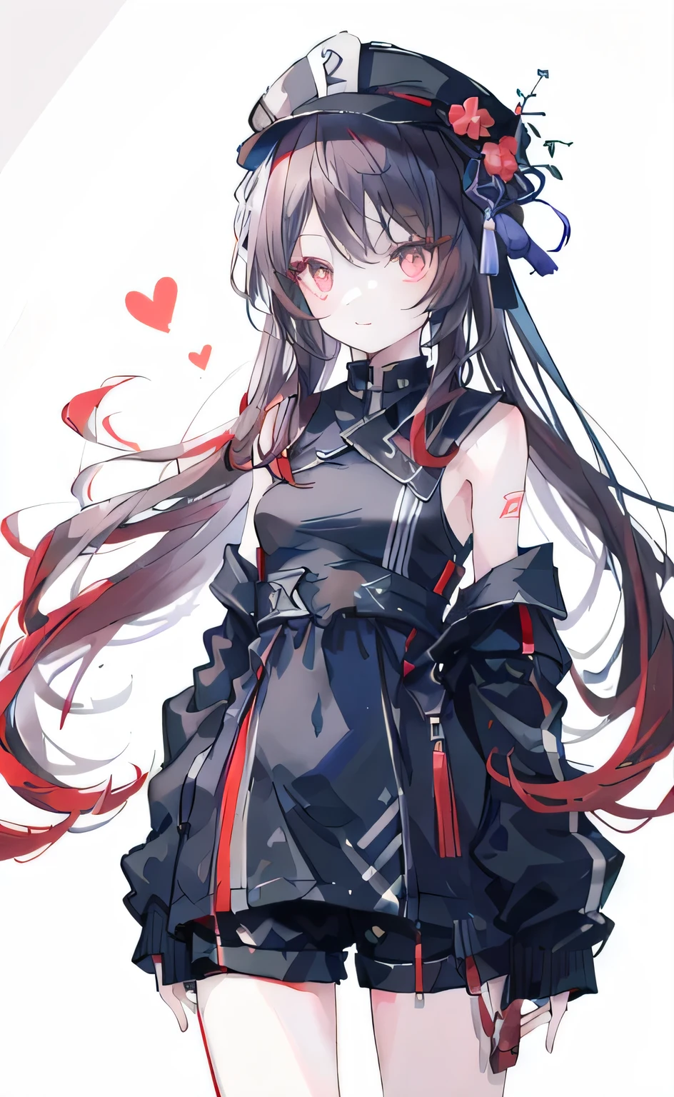 (masterpiece:1.3), (best quality), 1girl, small breasts, very detailed red eyes, very detailed face, white background, highres, absurdres, grin, standing, very detailed, looking at viewer, cowboy shot, solo, vivid colors, hu tao (genshin impact), symbol shaped pupils, hat, long brown hair, bangs, twintails, flower-shaped pupils, black coat, coattails, black short shorts, red shirt, arms behind back