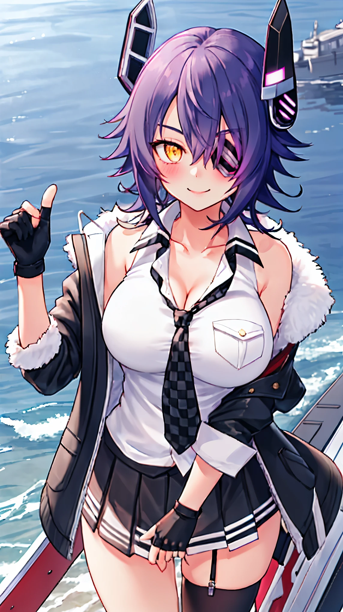 best quality, masterpiece, solo, {tenryuu_kantaicollection:1.15}, _girl, eyepatch, short_hair, purple_hair, yellow_eyes, headgear, breasts, necktie, big_breasts, smile, 1girl, blush, checkered_necktie, hair_over_one_eye, shirt, portrait, white_shirt, jacket, sleeveless, fur-trimmed_jacket, fur_trim, collarbone, looking_at_viewer, pocket, breast_pocket, messy_hair, black_gloves, gloves, partially_fingerless_gloves,sea_landscape_background,outdoor,nihl, cleavage,solo