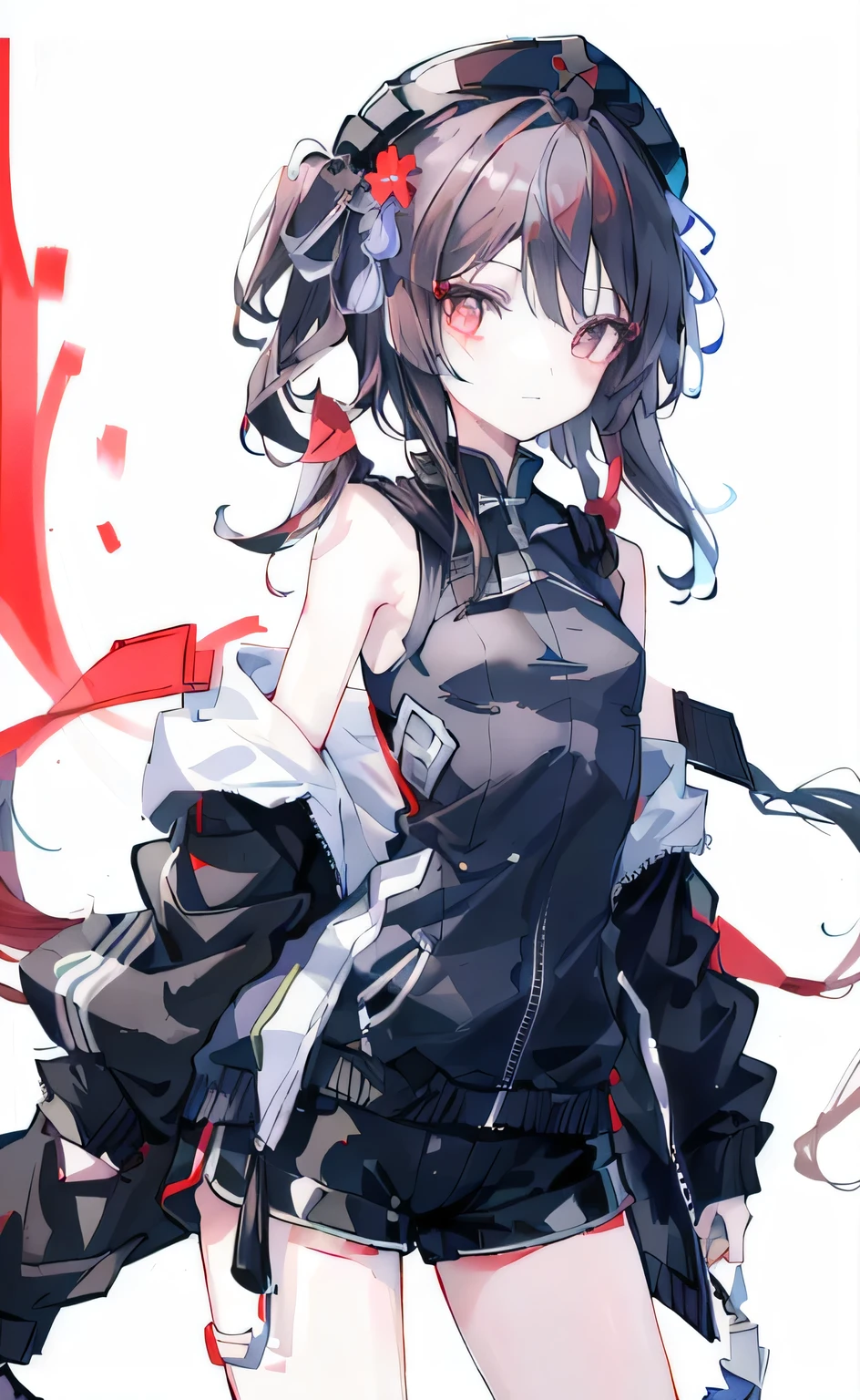 (masterpiece:1.3), (best quality), 1girl, small breasts, very detailed red eyes, very detailed face, white background, highres, absurdres, grin, standing, very detailed, looking at viewer, cowboy shot, solo, vivid colors, hu tao (genshin impact), symbol shaped pupils, hat, long brown hair, bangs, twintails, flower-shaped pupils, black coat, coattails, black short shorts, red shirt, arms behind back