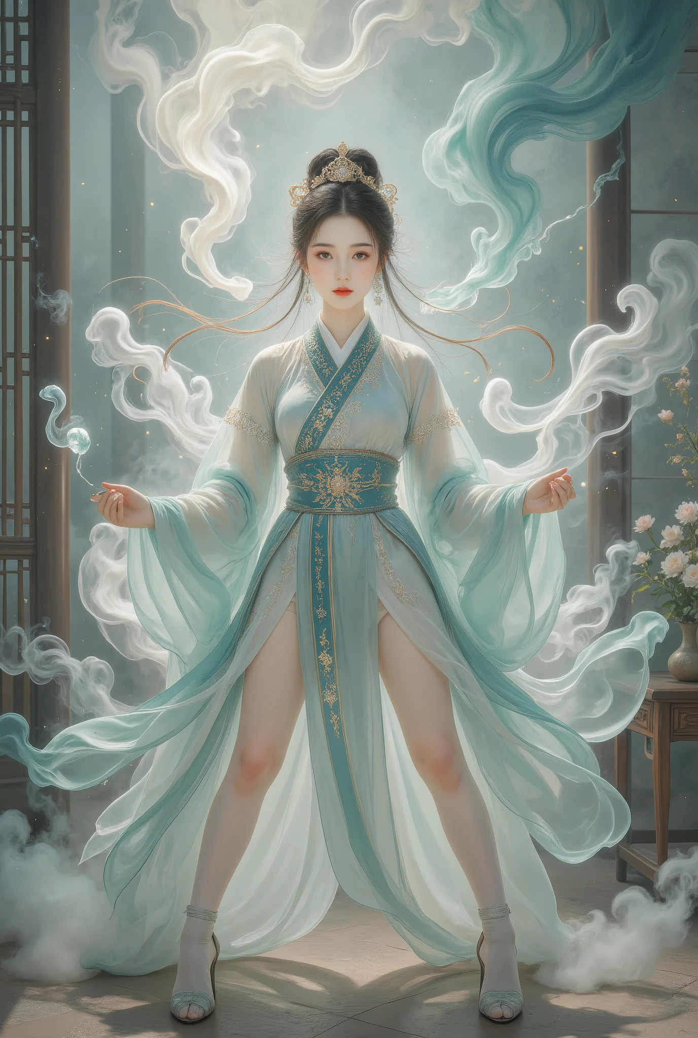 (（（（  Stand up and take a picture and reflect     :1.5))))，，standing split：1.5、shinano     cosplay costume,     cosplay, Thigh socks,    heels,  Traditional Hanfu：1.8，Panties point of view ,      part of a fox's tail   , Multiple tails,   deep into the fantasy world  ，    Her eyebrows become a painting    ，    Foggy room    ，The heroine's figure looms out    ， It's like a fairy in a painting ， long  legs，   beautiful    而又带着一丝   Mystery的色彩。Her face is beautiful and delicate   ，Like a finely carved jade，Show extraordinary beauty。  eyebrows so beautiful  ，   long eyebrows extend to the temple   ，    Gently fluttering in the wind    ，Show the light of perseverance and wisdom。straight nose，Cherry lip color， Slightly raised corners of mouth，   show confidence and calm    。  My skin is very clear   ， ,   fair skin  ，Reveal healthy glow，Not like a fairy'Non-secular 。Her makeup is light and delicate，Tang'Too many decorations   ，   。    Hazy beauty hidden in a wonderland    ，    The waves in my eyes are like twinkling stars    ，Eye makeup is eye shadow and eyeliner，    makes her eyes brighter and more impressive    。嘴唇涂上grace的口红，增添一丝魅力和grace 。她的衣服grace别致，   wear white to win snow   ， Fluttering clothes    ，    Can be blown away by the wind at any time     ，Add to it 。   Beautiful embroidery patterns on her clothes   ，既不失grace，   She also showed amazing skills   。    A wide belt around my waist    ，    She wears a crystal clear jade pendant    ，Swinging with her movements。Her hair is casually tied behind her head.，   fix it with lotus leaves   ，    Extraordinary hair    ，   Add some gentle   。  It seems like the wind will blow it away at any time   ，宛如一道   beautiful    的风景线，Attracted everyone'Notice。   Pale eyebrow pencil outlines the perfect eyebrow shape   ，   beautiful    、grace、   Mystery、and full of power。Transparent leg socks，