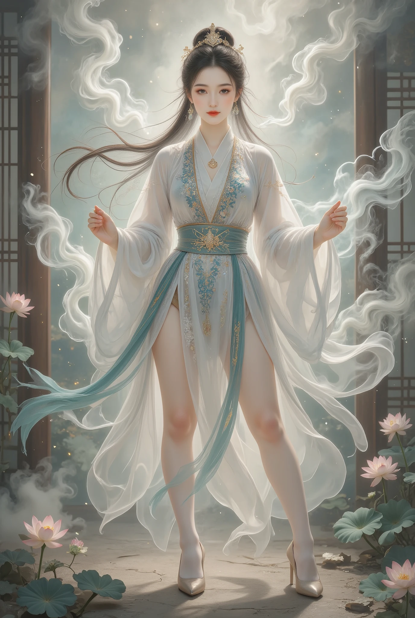 (((( Stand up and take a picture and reflect :1.5)))),,((((standing split:2)))),shinano cosplay costume, cosplay, Thigh socks, heels, Traditional Hanfu:1.8,Panties point of view , part of a fox's tail , Multiple tails, deep into the fantasy world , Her eyebrows become a painting , Foggy room ,The heroine's figure looms out , It's like a fairy in a painting , long sexy legs, beautiful big breasts 而又带着一丝 Mystery的色彩。Her face is beautiful and delicate ,Like a finely carved jade,Show extraordinary beauty。 eyebrows so beautiful , long eyebrows extend to the temple , Gently fluttering in the wind ,Show the light of perseverance and wisdom。straight nose,Cherry lip color, Slightly raised corners of mouth, show confidence and calm 。 My skin is very clear , , fair skin ,Reveal healthy glow,Not like a fairy'Non-secular 。Her makeup is light and delicate,Tang'Too many decorations , 。 Hazy beauty hidden in a wonderland , The waves in my eyes are like twinkling stars ,Eye makeup is eye shadow and eyeliner, makes her eyes brighter and more impressive 。嘴唇涂上grace的口红,增添一丝魅力和grace 。她的衣服grace别致, wear white to win snow , Fluttering clothes , Can be blown away by the wind at any time ,Add to it 。 Beautiful embroidery patterns on her clothes ,既不失grace, She also showed amazing skills 。 A wide belt around my waist , She wears a crystal clear jade pendant ,Swinging with her movements。Her hair is casually tied behind her head., fix it with lotus leaves , Extraordinary hair , Add some gentle 。 It seems like the wind will blow it away at any time ,宛如一道 beautiful big breasts 的风景线,Attracted everyone'Notice。 Pale eyebrow pencil outlines the perfect eyebrow shape , beautiful big breasts 、grace、 Mystery、and full of power。Transparent leg socks,