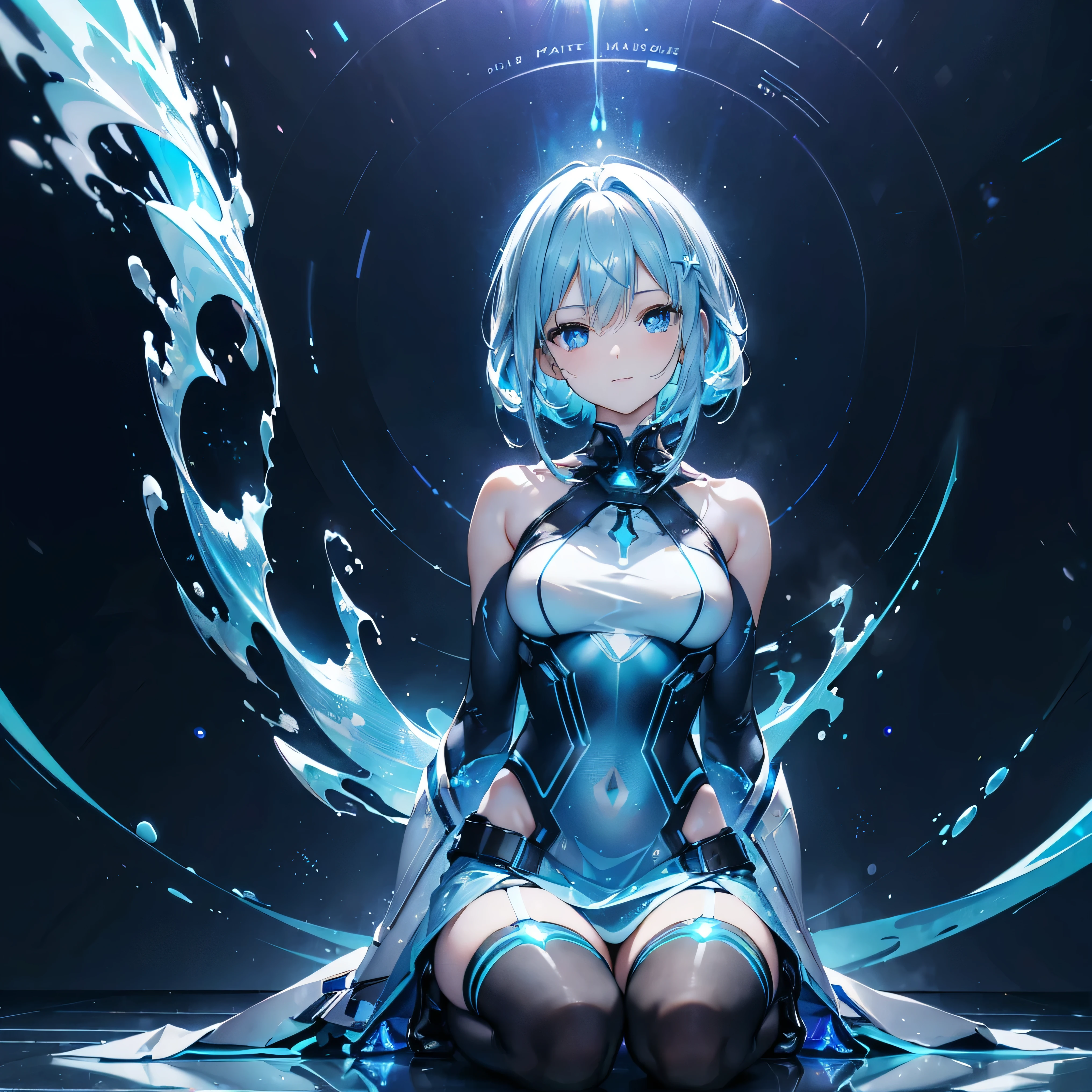 8K, Highest quality, (real:1.4), Original photo, 1 girl, Asari Hair, Biological Amplifier, Very sleek and futuristic armor, posture: Peace talks between warring factions,,attention arousal, smart blue eyes,A modest smile,Knee-high boots,Patent-look blue tights,Blue big moon and blue light swirl in the background,Blue light from behind,blue light magic,A small, glowing blue ball in the palm of your hand,Blue flame swirl,Blue Comet,Polished floor,