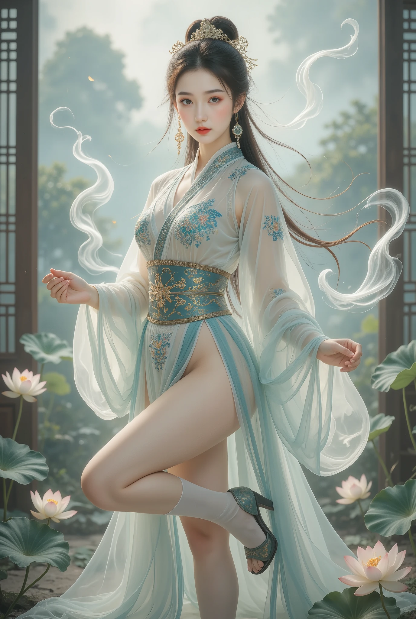 1 Girl,Transparent clothes,Tights,Hanfu,Flowers,Butterfly,Mountains,(masterpiece:1,2),best quality,masterpiece,high resolution,The original,Extremely detailed wallpaper,Perfect lighting,(Extremely detailed CG:1.2),sakura trees at background,
