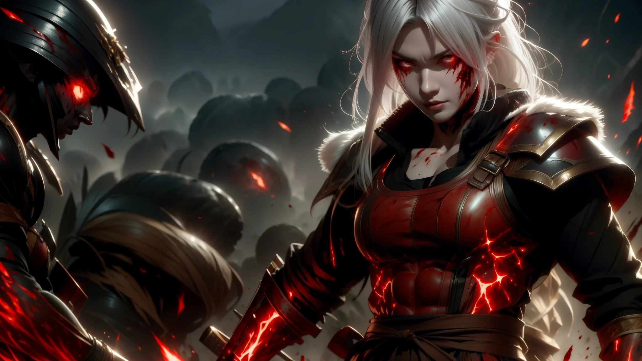 White-haired woman, terrifying appearance, with a katana and a shield, red eyes, on a battlefield covered in blood, wearing Spartan clothes, with a scar on her left eye