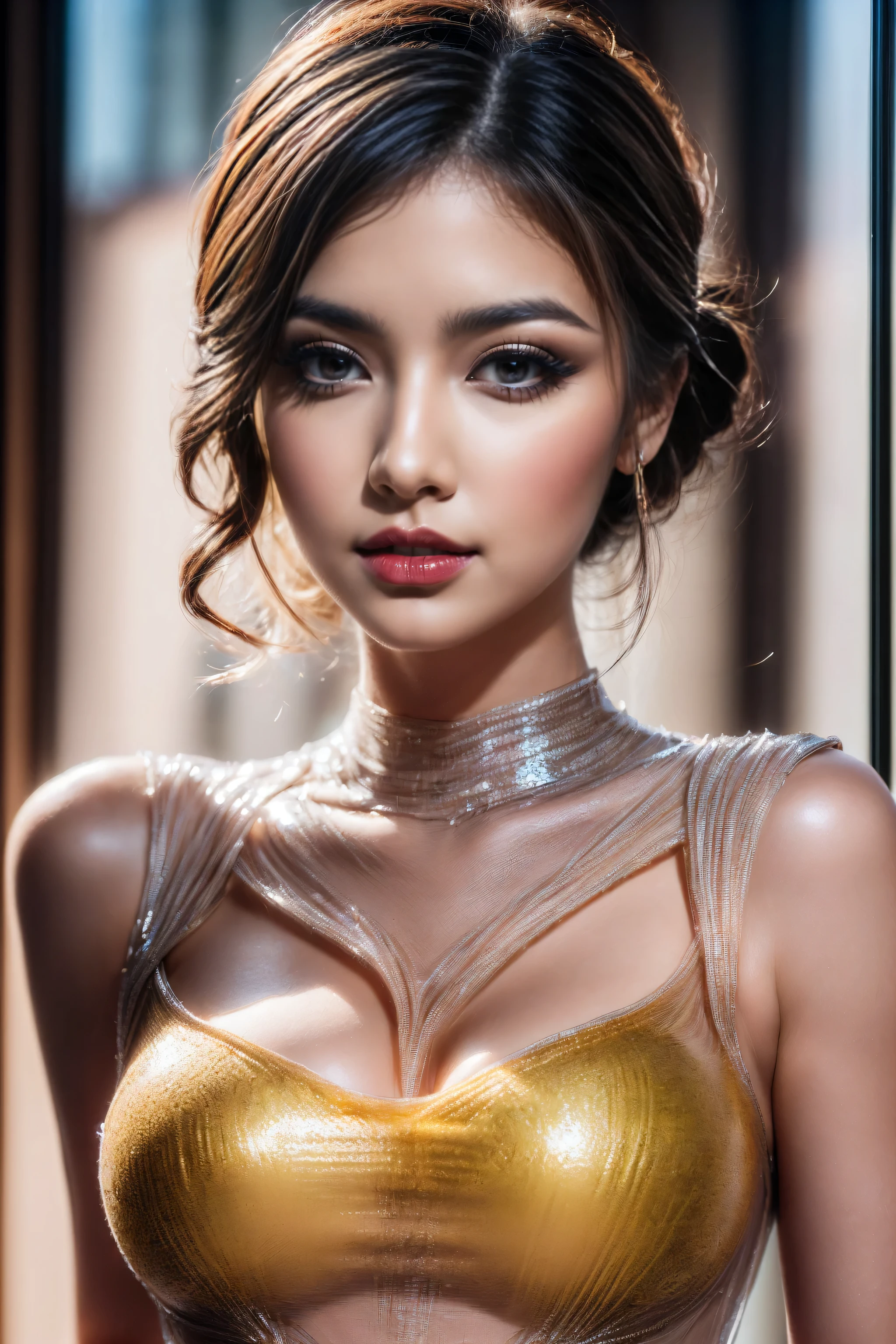 Leg-high、 Ultra-realistic、 ultra-detailed、 最high quality、 8K、highest level、 The ultra -The high-definition、(Super beautiful detailed face:1.5)、(detailed eyes:1.2)、(detailed lips:1.2)、(Detailed nose:1.2)、cinematic lighting、(anatomically correct:1.3)、((cleavage))、(I encourage you to choose a subdued and perfectly coordinated background for your phenomenal, diverse random creation)、(Use any technique of combining materials, natural, artificial,  leather, (glass:1.33), (light, heavy, airy), metals, elements and fantasy magic, any style, any outfit, choose eyes color, ((hair is a different color than eyes)), dynamic random fancy, professional hairstyles)、 1girl:1.4 22years old、fashion supermodel (squatted kneeling) 、real:1.66、photorealistic:1.66、(very delicate and beautiful、fine details:1.3)、(masterpiece)、 最high quality、 (high quality)、 (absurdres)、 (ultra sharp fous)、(Glamour, paparazzi taking pictures of her)、 contrast、 (glowin light shot:1.2)、red_lipstick:1.35、((perfect round eyes))、((glowing glass:1.34))、(matte skin:1.5)、((from the Knee Up:1.3))、((ultraviolet lighting_makeup:1.2))