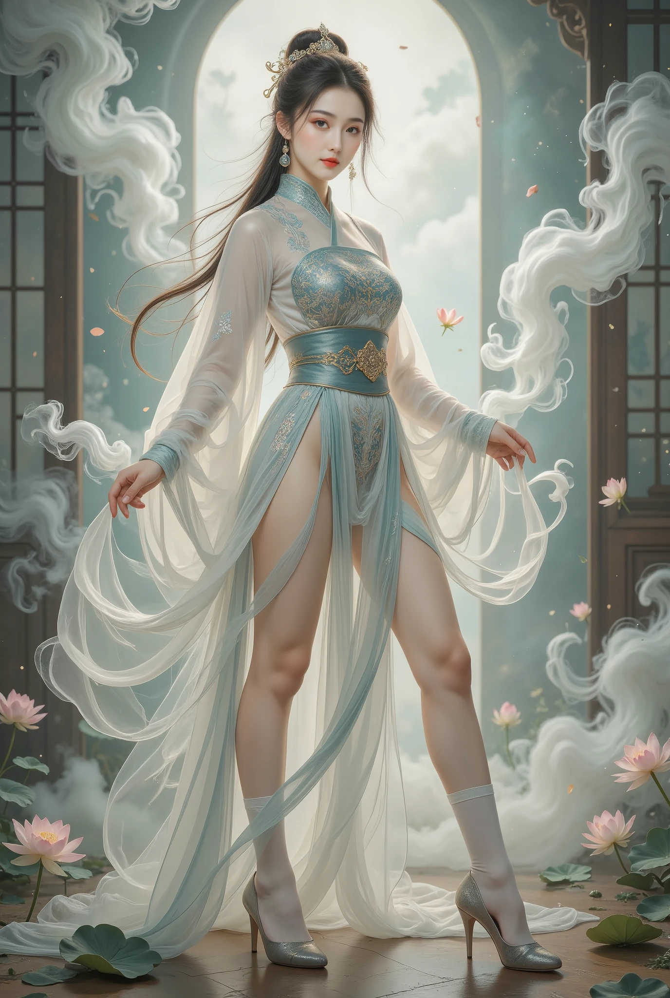 (((( Stand up and take a picture and reflect :1.5)))),,((((standing split:2)))),shinano cosplay costume, cosplay, Thigh socks, heels, Traditional Hanfu:1.8,Panties point of view , part of a fox's tail , Multiple tails, deep into the fantasy world , Her eyebrows become a painting , Foggy room ,The heroine's figure looms out , It's like a fairy in a painting , long sexy legs, beautiful big breasts 而又带着一丝 Mystery的色彩。Her face is beautiful and delicate ,Like a finely carved jade,Show extraordinary beauty。 eyebrows so beautiful , long eyebrows extend to the temple , Gently fluttering in the wind ,Show the light of perseverance and wisdom。straight nose,Cherry lip color, Slightly raised corners of mouth, show confidence and calm 。 My skin is very clear , , fair skin ,Reveal healthy glow,Not like a fairy'Non-secular 。Her makeup is light and delicate,Tang'Too many decorations , 。 Hazy beauty hidden in a wonderland , The waves in my eyes are like twinkling stars ,Eye makeup is eye shadow and eyeliner, makes her eyes brighter and more impressive 。嘴唇涂上grace的口红,增添一丝魅力和grace 。她的衣服grace别致, wear white to win snow , Fluttering clothes , Can be blown away by the wind at any time ,Add to it 。 Beautiful embroidery patterns on her clothes ,既不失grace, She also showed amazing skills 。 A wide belt around my waist , She wears a crystal clear jade pendant ,Swinging with her movements。Her hair is casually tied behind her head., fix it with lotus leaves , Extraordinary hair , Add some gentle 。 It seems like the wind will blow it away at any time ,宛如一道 beautiful big breasts 的风景线,Attracted everyone'Notice。 Pale eyebrow pencil outlines the perfect eyebrow shape , beautiful big breasts 、grace、 Mystery、and full of power。Transparent leg socks,