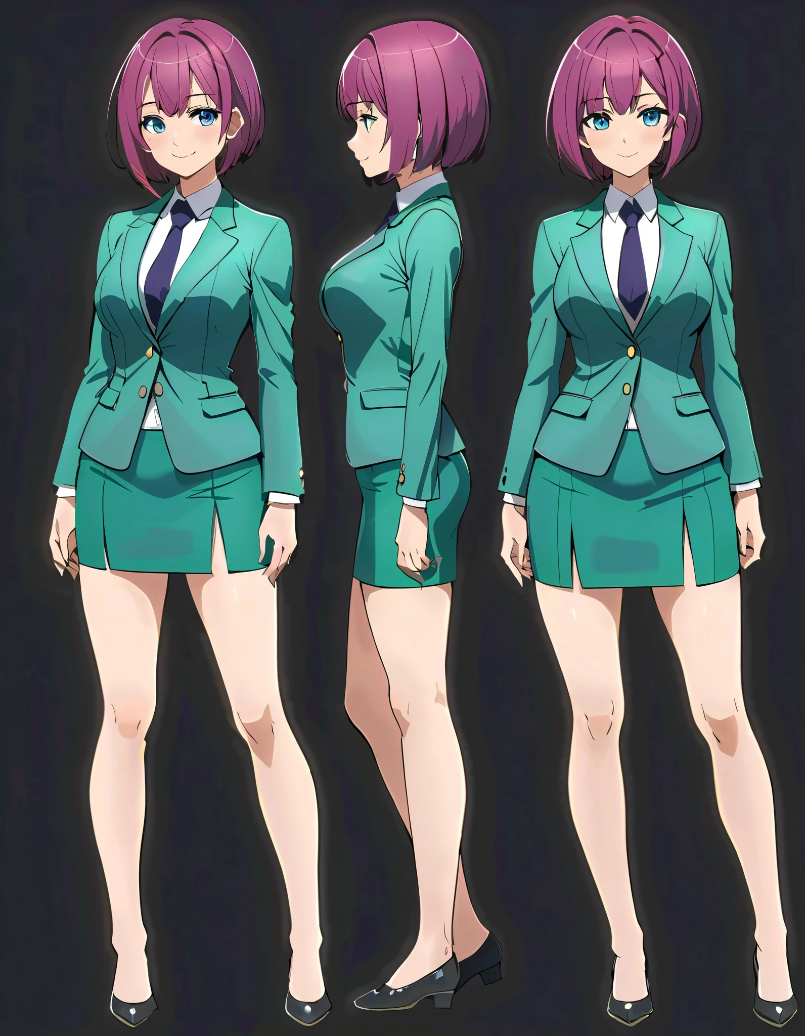 (masterpiece), (best quality), (highres), 1girl, solo, highly detailed, green suit and tie, pencil skirt, miniskirt, bare legs, matching shoes, looking at viewer, perfect hands, perfect eyes, perfect legs, perfect arms, perfect fingers, medium breasts, purple hair, short hair, bob hair, blue eyes, standing, smile, full body with costume. Simple background, (multiple views of the same character:1.2,model sheet:1.2,chatacter sheet)