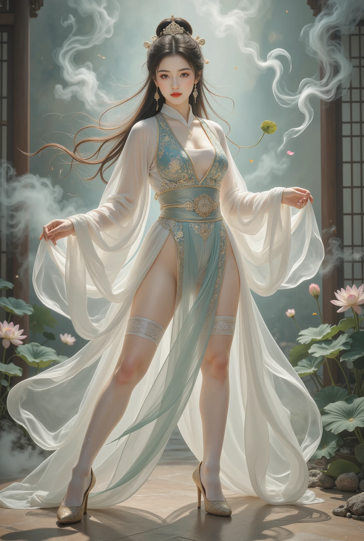 (((( Stand up and take a picture and reflect :1.5)))),,((((standing split:2)))),shinano cosplay costume, cosplay, Thigh socks, heels, Traditional Hanfu:1.8,Panties point of view , part of a fox's tail , Multiple tails, deep into the fantasy world , Her eyebrows become a painting , Foggy room ,The heroine's figure looms out , It's like a fairy in a painting , long sexy legs, beautiful big breasts 而又带着一丝 Mystery的色彩。Her face is beautiful and delicate ,Like a finely carved jade,Show extraordinary beauty。 eyebrows so beautiful , long eyebrows extend to the temple , Gently fluttering in the wind ,Show the light of perseverance and wisdom。straight nose,Cherry lip color, Slightly raised corners of mouth, show confidence and calm 。 My skin is very clear , , fair skin ,Reveal healthy glow,Not like a fairy'Non-secular 。Her makeup is light and delicate,Tang'Too many decorations , 。 Hazy beauty hidden in a wonderland , The waves in my eyes are like twinkling stars ,Eye makeup is eye shadow and eyeliner, makes her eyes brighter and more impressive 。嘴唇涂上grace的口红,增添一丝魅力和grace 。她的衣服grace别致, wear white to win snow , Fluttering clothes , Can be blown away by the wind at any time ,Add to it 。 Beautiful embroidery patterns on her clothes ,既不失grace, She also showed amazing skills 。 A wide belt around my waist , She wears a crystal clear jade pendant ,Swinging with her movements。Her hair is casually tied behind her head., fix it with lotus leaves , Extraordinary hair , Add some gentle 。 It seems like the wind will blow it away at any time ,宛如一道 beautiful big breasts 的风景线,Attracted everyone'Notice。 Pale eyebrow pencil outlines the perfect eyebrow shape , beautiful big breasts 、grace、 Mystery、and full of power。Transparent leg socks,