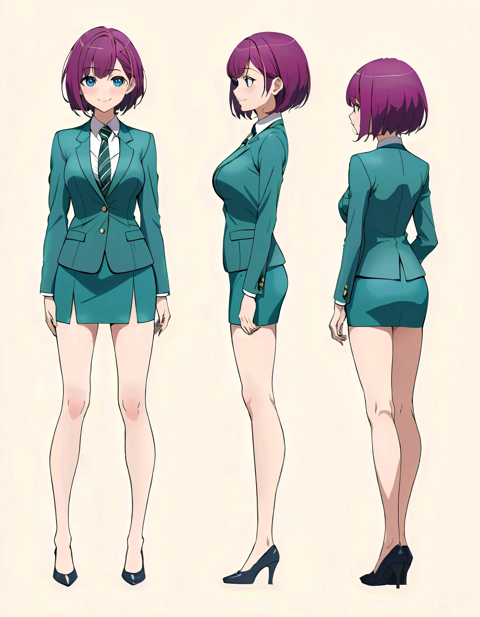 (masterpiece), (best quality), (highres), 1girl, solo, highly detailed, green suit and tie, pencil skirt, miniskirt, bare legs, matching shoes, looking at viewer, perfect hands, perfect eyes, perfect legs, perfect arms, perfect fingers, medium breasts, purple hair, short hair, bob hair, blue eyes, standing, smile, full body with costume. Simple background, (multiple views of the same character:1.2,model sheet:1.2,chatacter sheet)