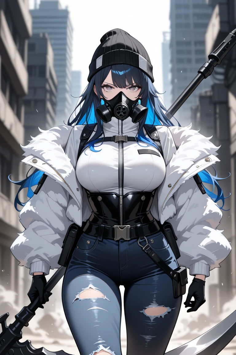 skyline hairstyle, outfit-skyline, 1girl, solo, long hair, yellow eyes, black headwear, grey hair, cat ears, looking at viewer, white background, cat tail, simple background, hat, hand on hip, headset, holding, hair over one eye, breasts, cowboy shot, bangs, eyes visible through hair, large breasts, very long hair <lora:outfit-skyline-pynoise:1>