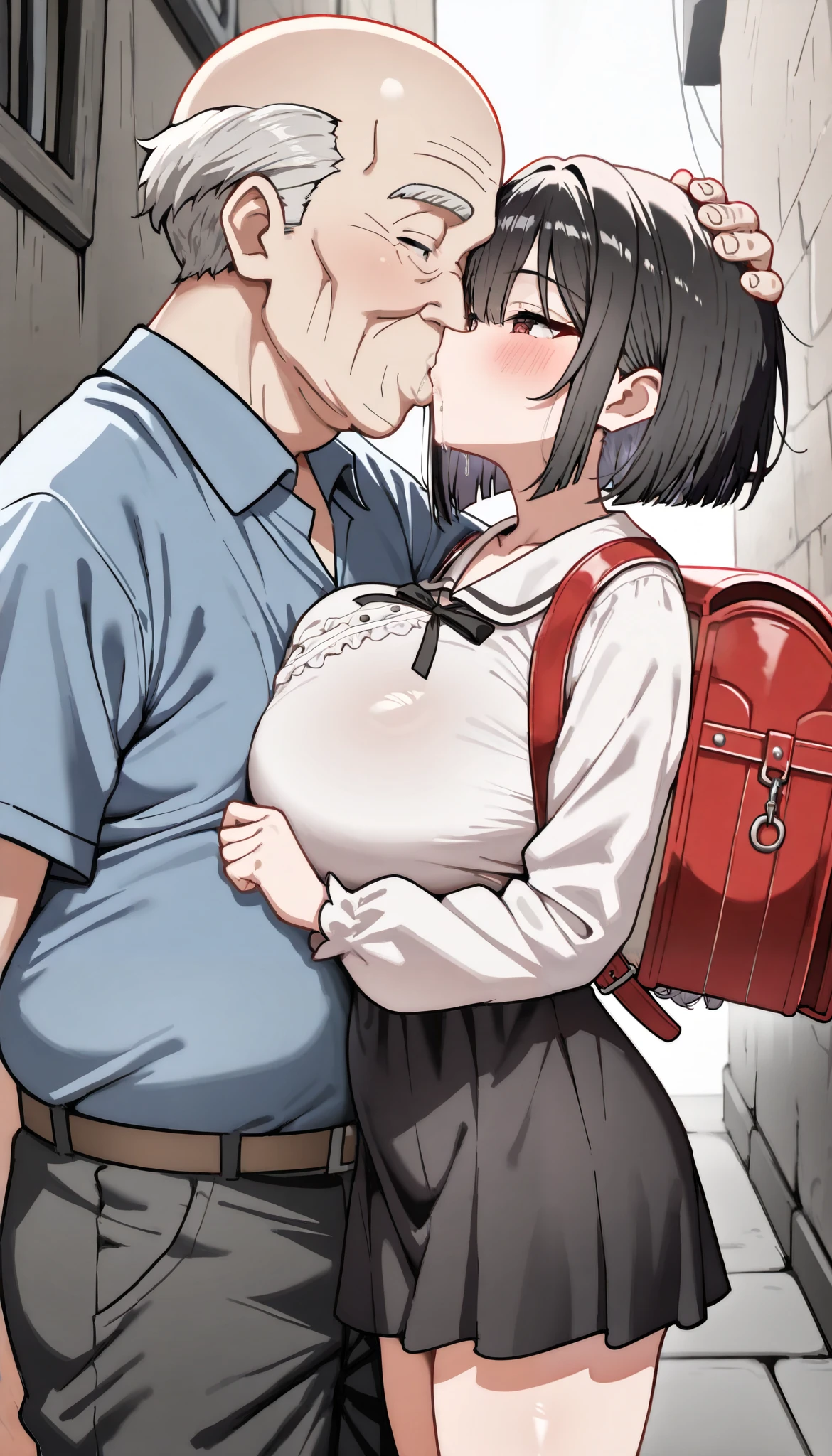 (( top quality)), ((Masterpiece)), ( Details), Hermaphrodite Girls , black short hair skirt, bob cut, staring at the viewer , huge breasts, slender, ( blouse), blouseのインナーにうっすら見えるブルーブラジャー,( :1.3), randoseru, beautiful skin, nsfw, alley,( has a deep kiss with the old man in front of her:1.3),(lover:1.3), drool,Wall-don,Can you pat me on the head,fat bald old man