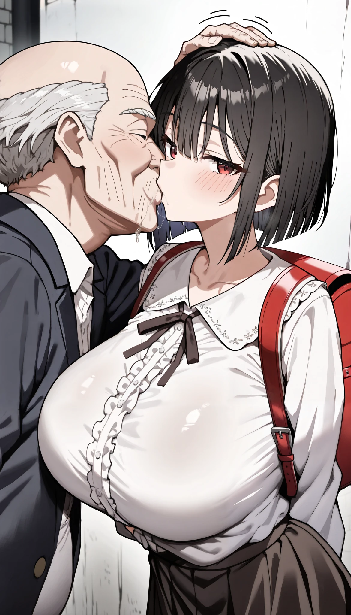 (( top quality)), ((Masterpiece)), ( Details), Hermaphrodite Girls , black short hair skirt, bob cut, staring at the viewer , huge breasts, slender, ( blouse), blouseのインナーにうっすら見えるブルーブラジャー,( :1.3), randoseru, beautiful skin, nsfw, alley,( has a deep kiss with the old man in front of her:1.3),(lover:1.3), drool,Wall-don,Can you pat me on the head,fat bald old man