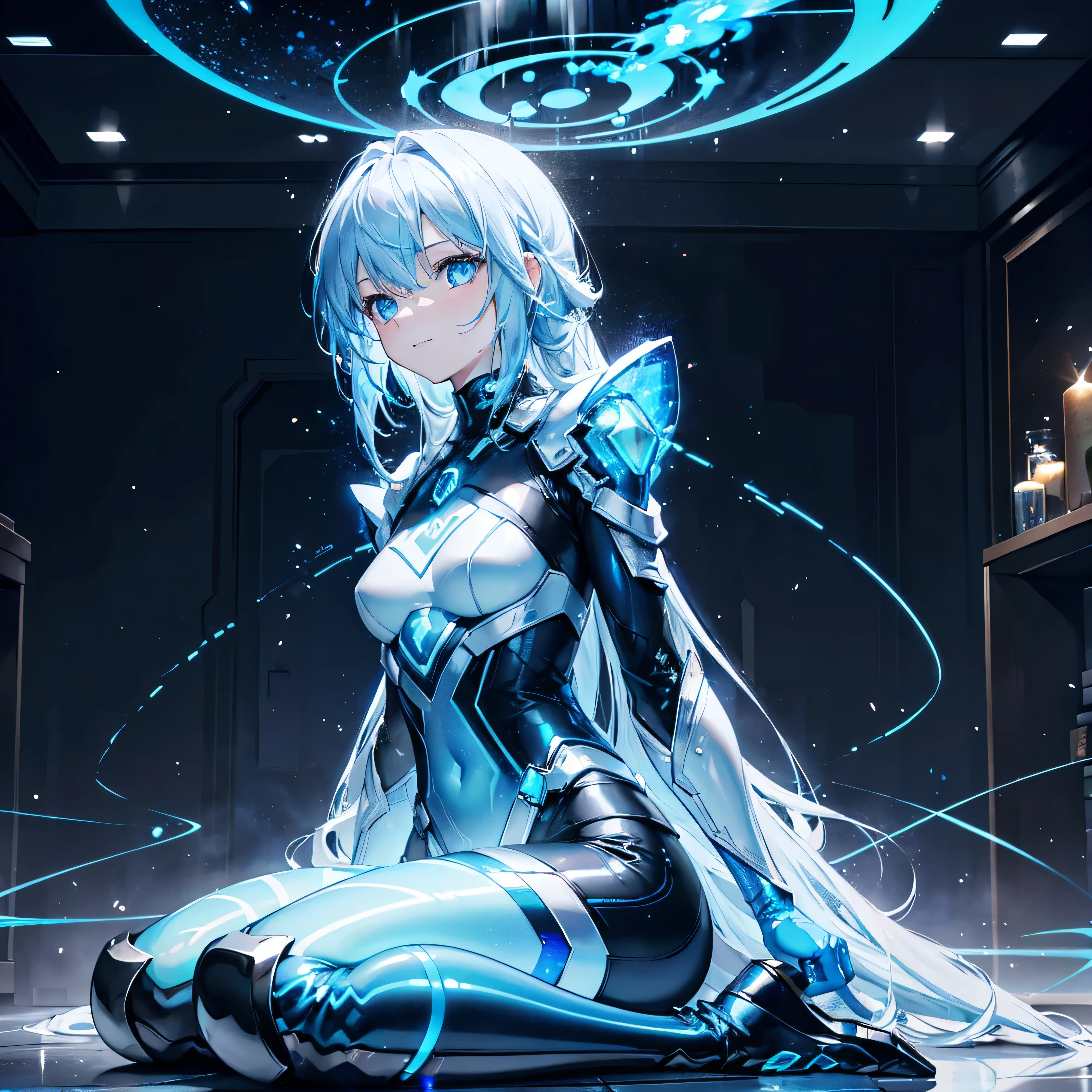 8K, Highest quality, (real:1.4), Original photo, 1 girl, Asari Hair, Biological Amplifier, Very sleek and futuristic armor, posture: Peace talks between warring factions,,attention arousal, smart blue eyes,A modest smile,Knee-high boots,Patent-look blue tights,Blue big moon and blue light swirl in the background,Blue light from behind,blue light magic,A small, glowing blue ball in the palm of your hand,Blue flame swirl,Blue Comet,Polished floor,
