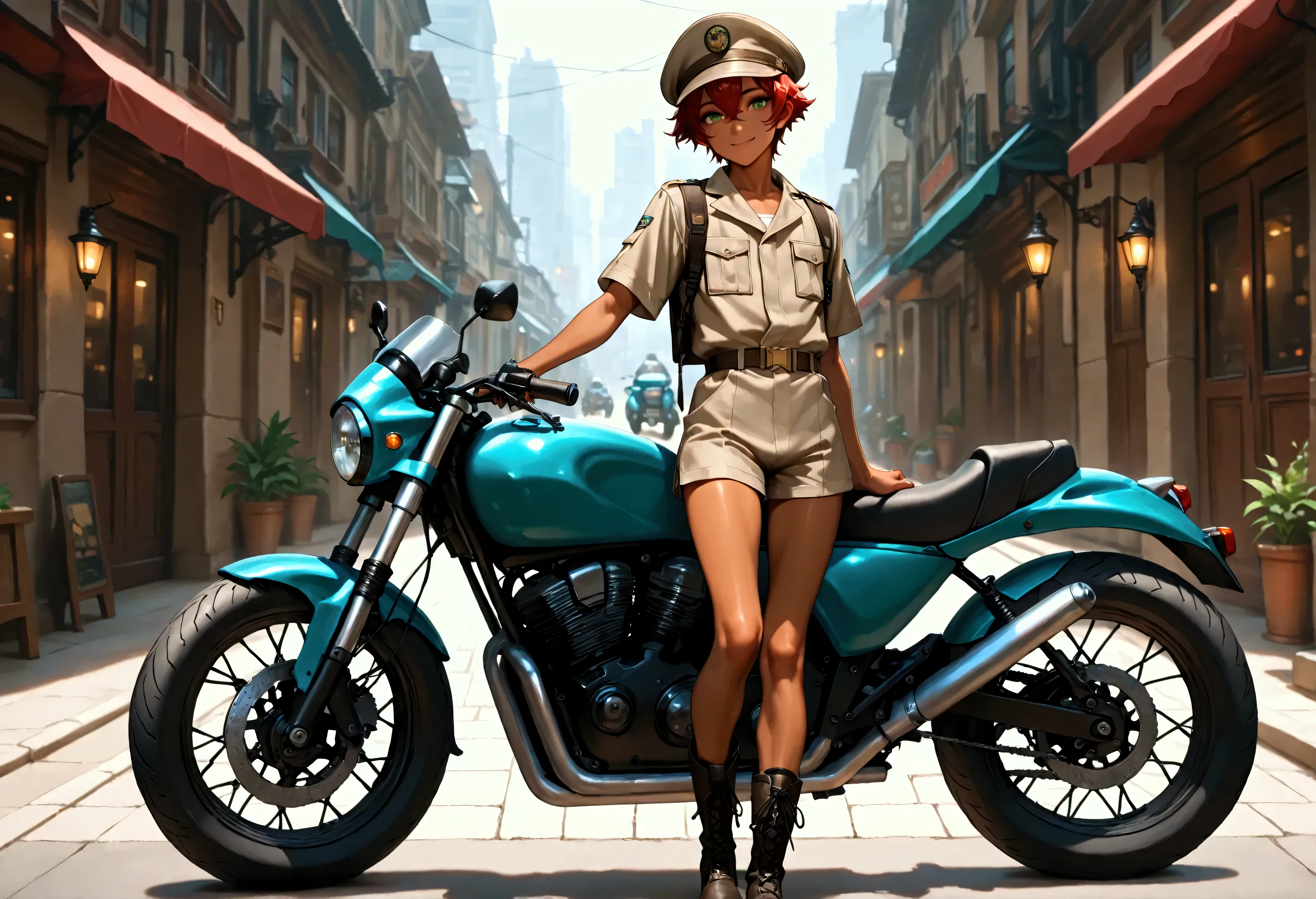 1boy, young male, skinny, dark copper tan skin, solo, red hair, short hair, khaki uniform, cap, short pants, green eyes, parked motorcycle, city street, lower buildings, standing on the street, smile, masterpiece, best quality, cinematic lighting, black lace up boots, focus on body