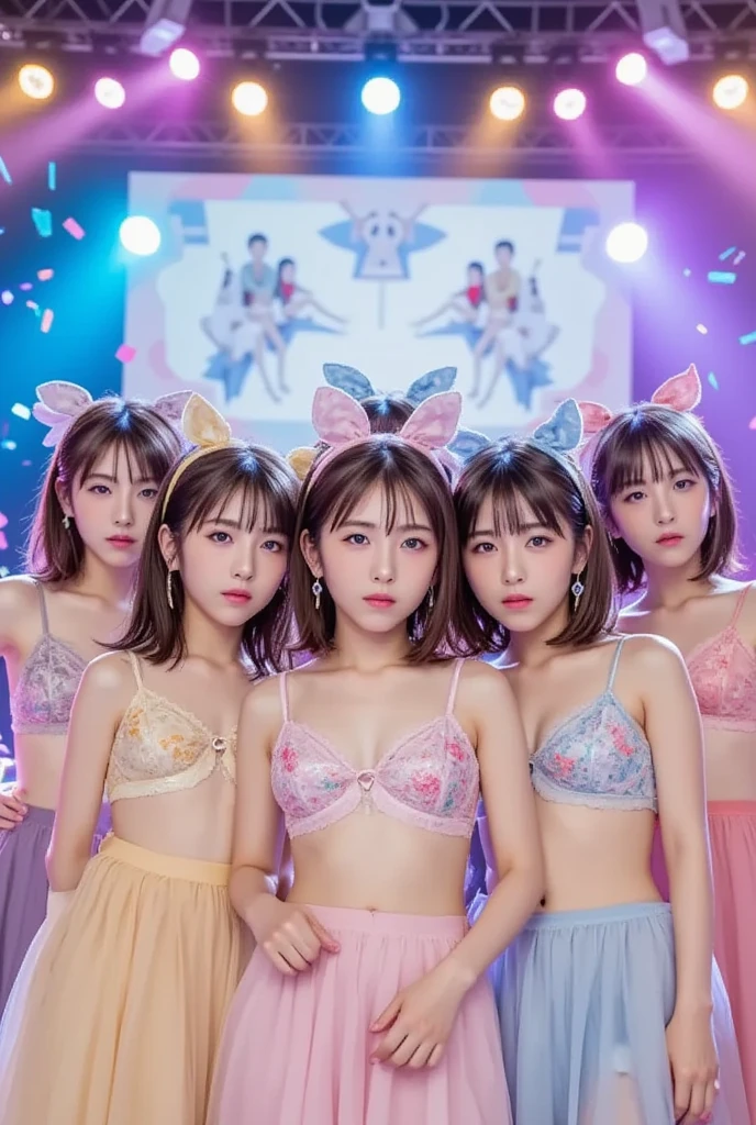 ((masterpiece、Highest quality、Official Art))、snap shot、Idol Concert、Concert Stage、(3人のcute naked girls、、smile、sing、dance、Ribbon headband、Ultra mini skirt:1.2、Idol Costumes:1.2 )、Exposing the breasts、Hair of different colorr.々Hair style、(((Full nudity、Pussy、cute)))、(Sweat a lot、Glowing Skin)、Anime key visual, ((The characters are unique))
