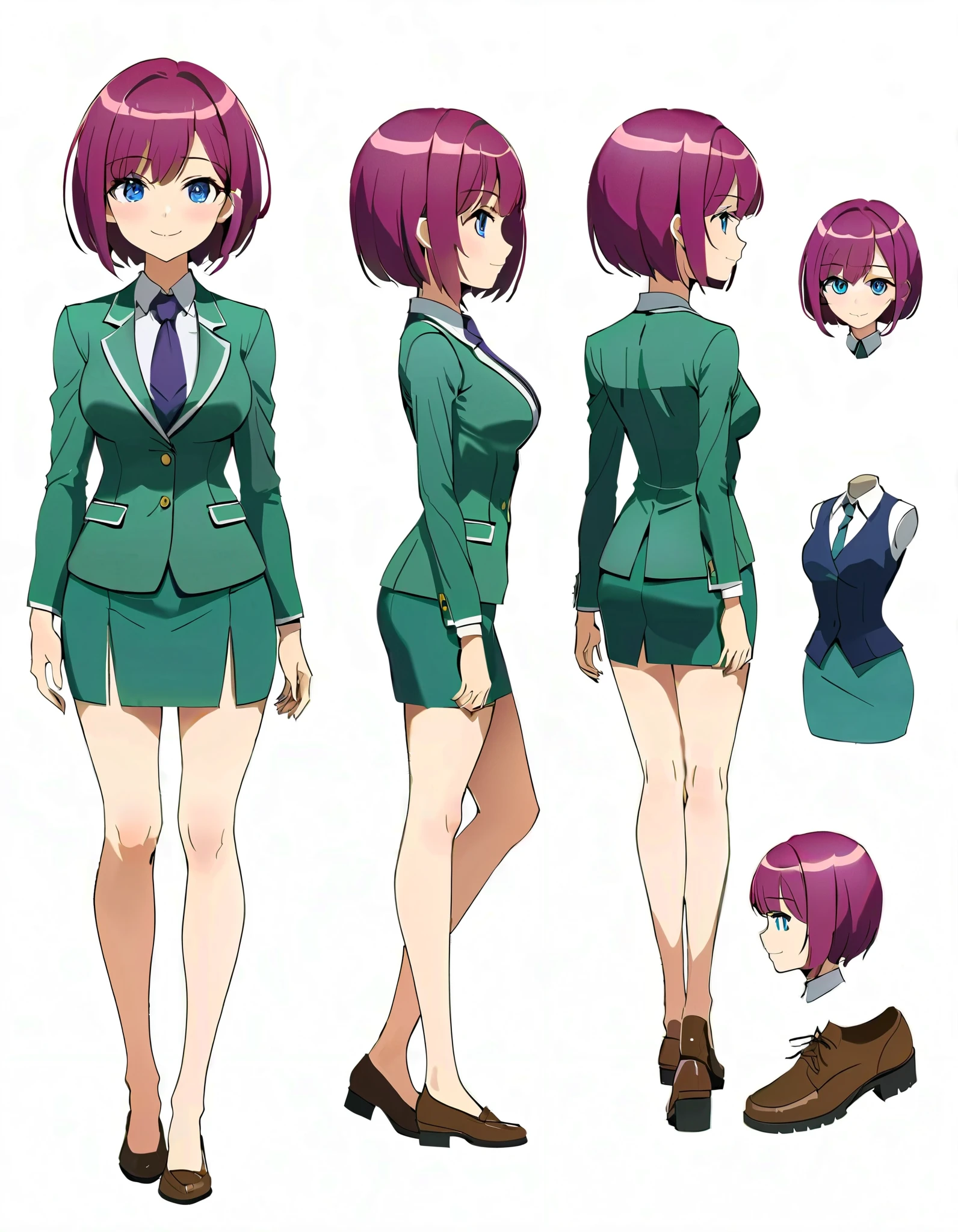 (masterpiece), (best quality), (highres), 1girl, solo, highly detailed, green suit and tie, pencil skirt, miniskirt, bare legs, matching shoes, looking at viewer, perfect hands, perfect eyes, perfect legs, perfect arms, perfect fingers, medium breasts, purple hair, short hair, bob hair, blue eyes, standing, smile, full body with costume. Simple background, (multiple views of the same character:1.2,model sheet:1.2,chatacter sheet)