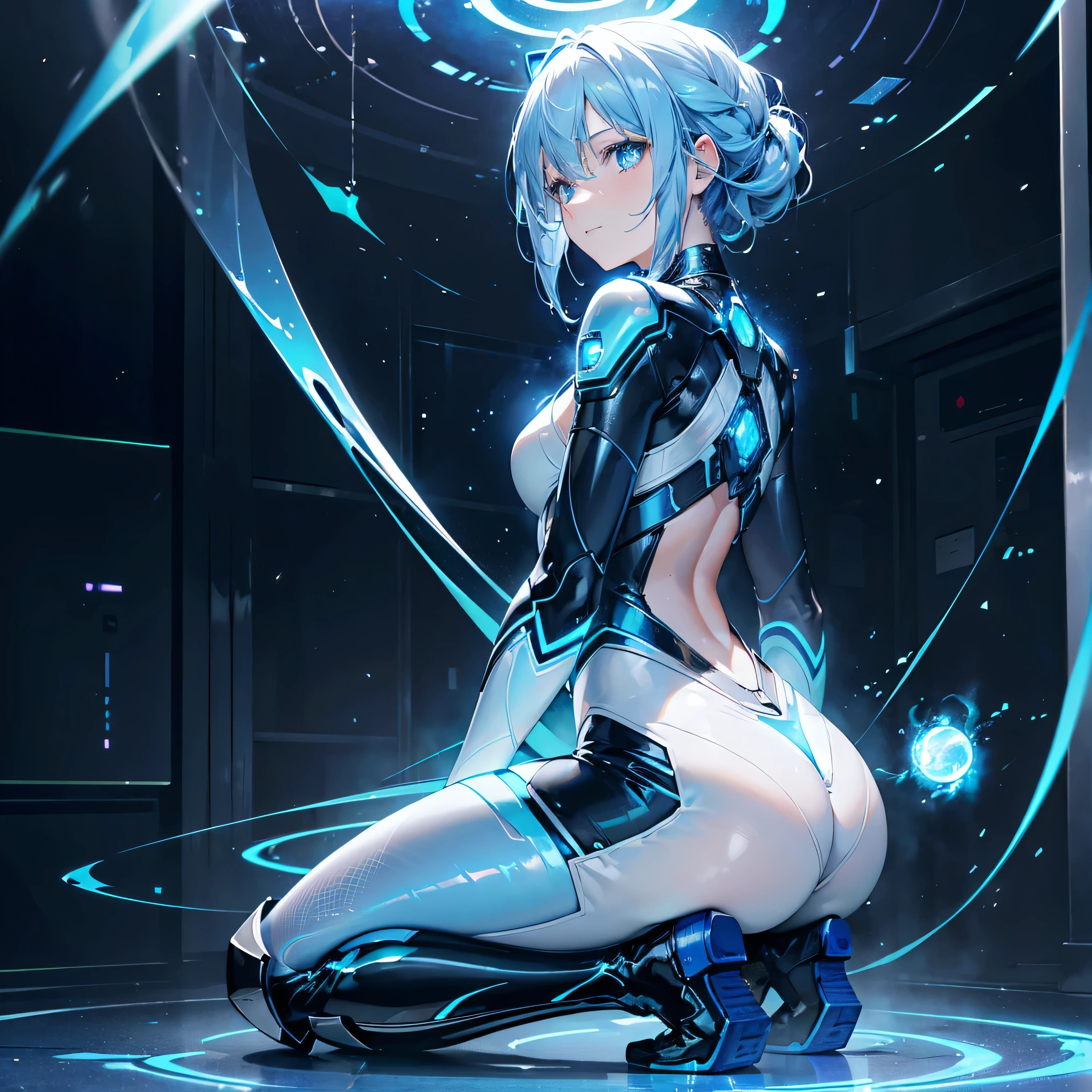 (8k, best quality, masterpiece:1.2),\(Eye details\),\(Facial features\),(\(Clothes detail details\)\),(1 girl:1.2),Mechanical girl,solo,full body,Sophisticated 3D rendering of a beautiful Japanese girl Android , part, Beautiful studio soft lighting, rim light, Vibrant details, Luxury Cyberpunk, The body is made of organically flowing white and silver clear glass and plastic, Silver metal interior, dynamic poses, mobile organic ingredients, Meticulous carving, Lace design, Glowing golden circuit, H's Art,(((hyperrealism photography computer simulation visualisation of parallel universe cgi dramatic scene with beautiful 非常详细 woman by caravaggio wearing (New future neural interface:1.39),(Mechanical skeleton(Metal pelvis,Mechanical spine:1.2),high-tech robot,(Wired headphones of the future:1.2),(Blue glowing circuits on cheeks:1.3),(/grey hair:1.2/),(/shiny blue eyes/),smooth skin,(This is an android:1.5),(flat chest:1.2),small ass,